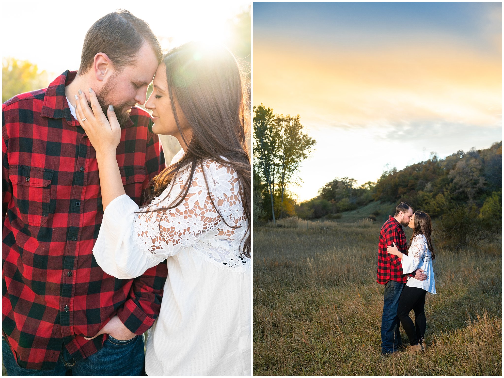 Couple in plaid and fall sweaters in a tree filled meadow | Utah Meadow Fall Engagement | Jessie and Dallin Photography