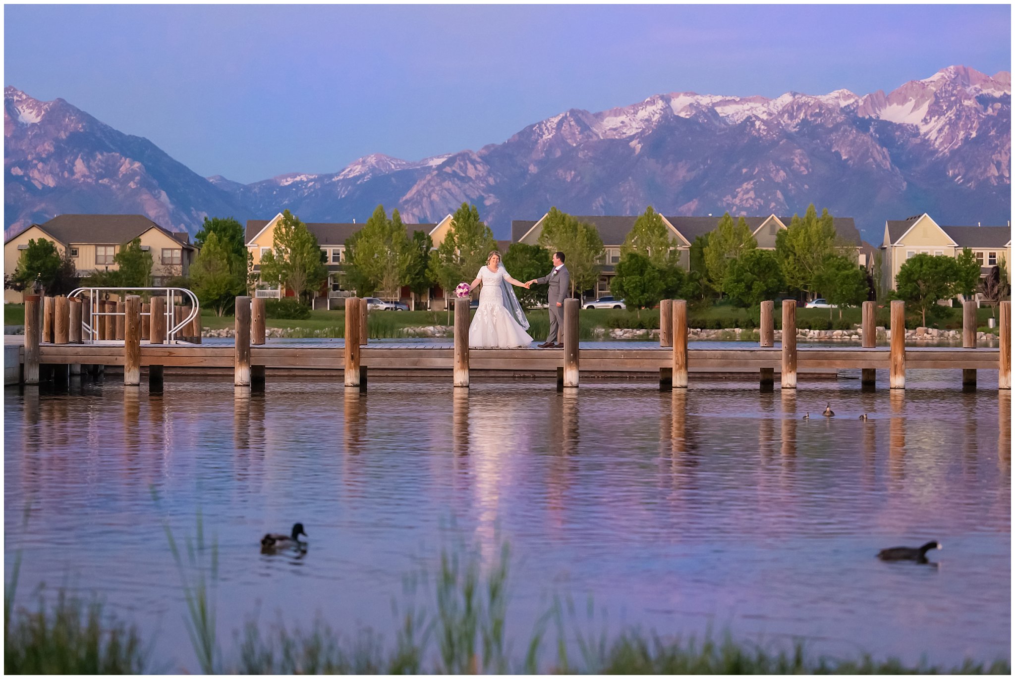 Bride and groom at Daybreak Lake | Oquirrh Mountain Temple and Millennial Falls Wedding | Jessie and Dallin Photography