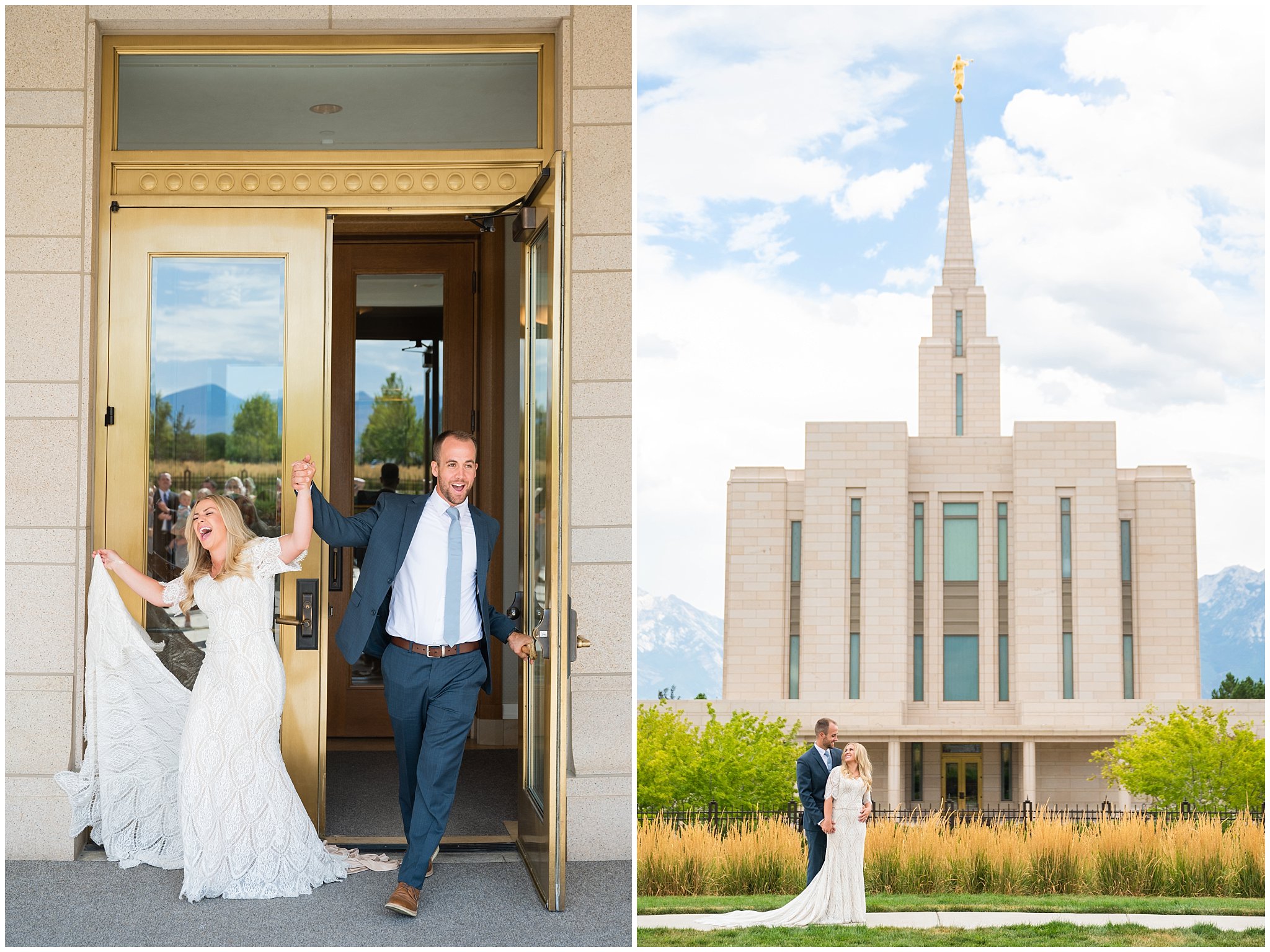 Couple exiting the temple | Summer Carnival and Oquirrh Mountain Temple Wedding | Jessie and Dallin Photography