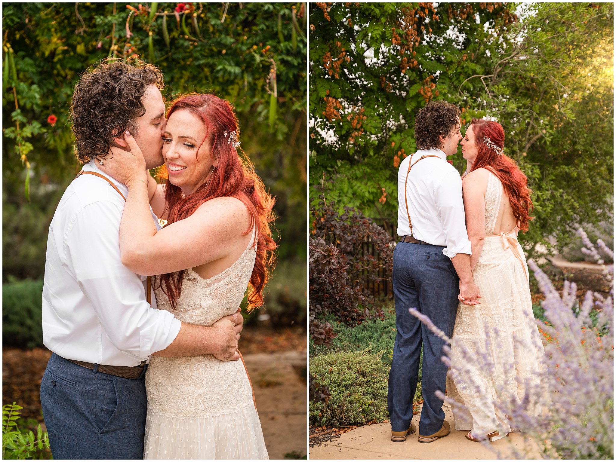 Bride and groom portraits in boho lace dress and suspenders and bowtie at the Kaysville Ponds | Logan Utah Outdoor Summer Wedding | Jessie and Dallin Photography