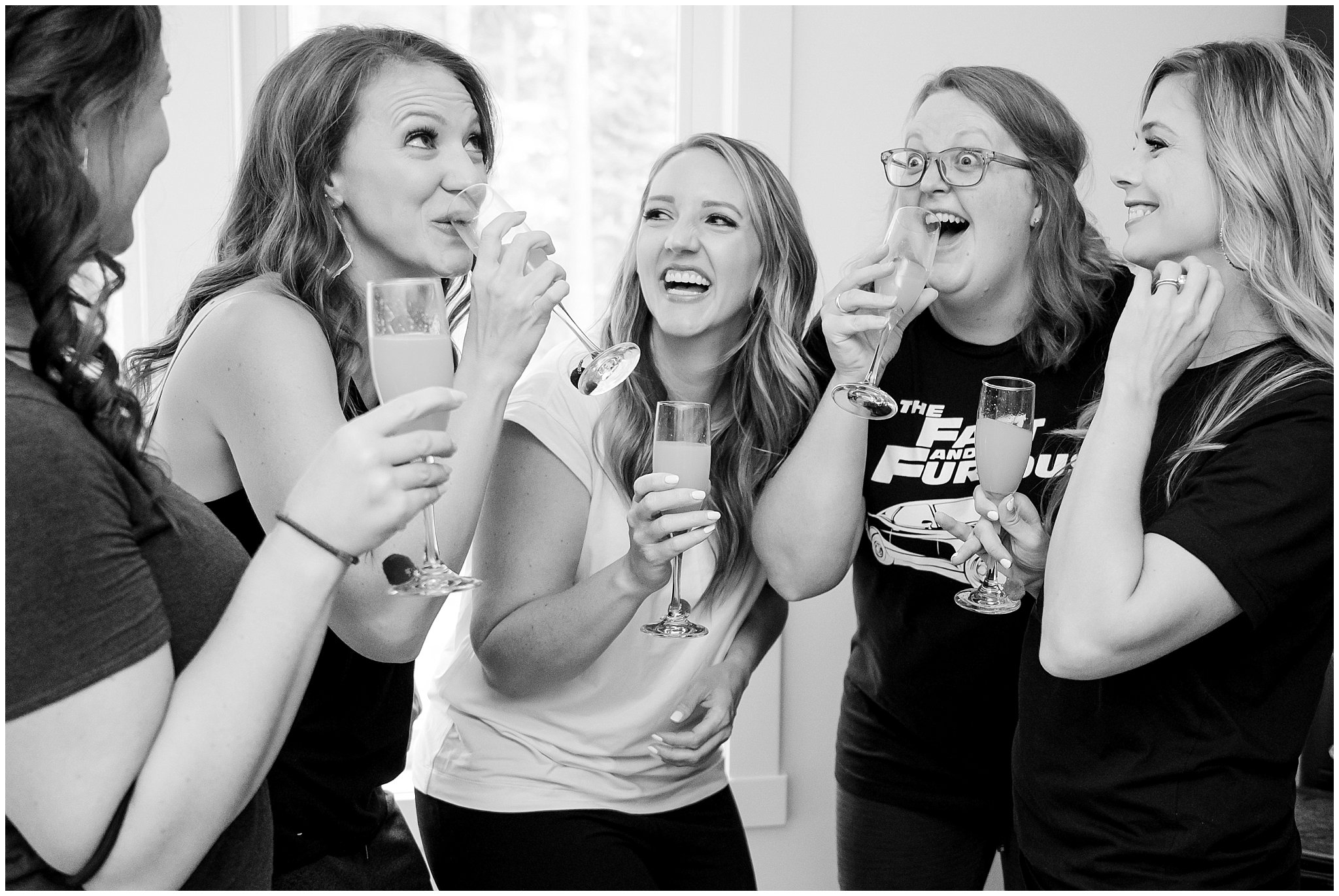 Bride and bridesmaids celebrating inside modern cabin | Mountainside Weddings Kalispell Montana Destination Wedding | Jessie and Dallin Photography