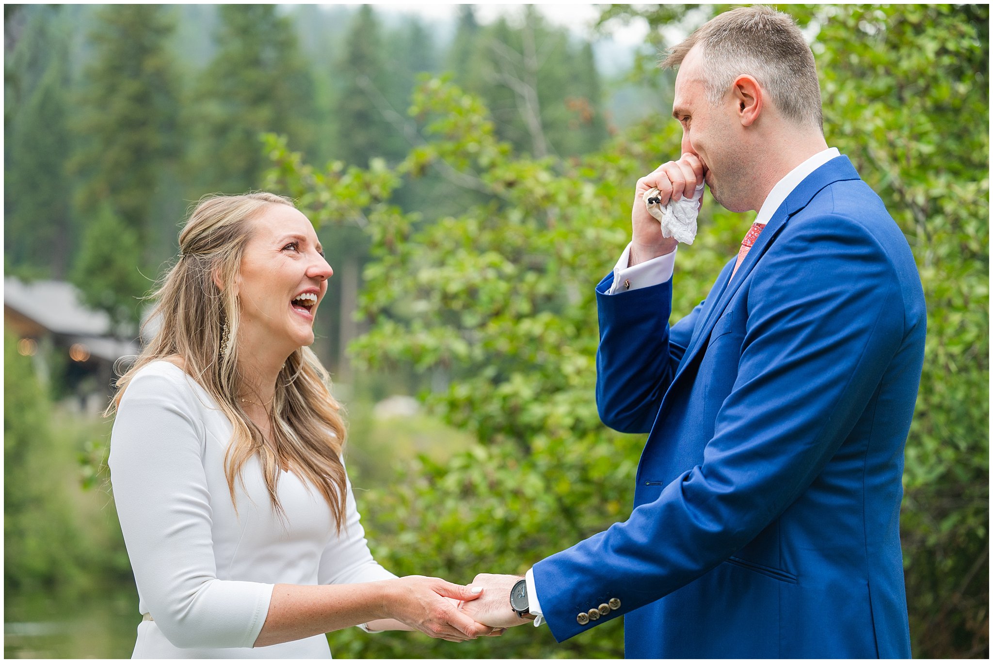 Bride and groom in exchange gifts and have first look in the forest of Montana by a pond | Mountainside Weddings Kalispell Montana Destination Wedding | Jessie and Dallin Photography