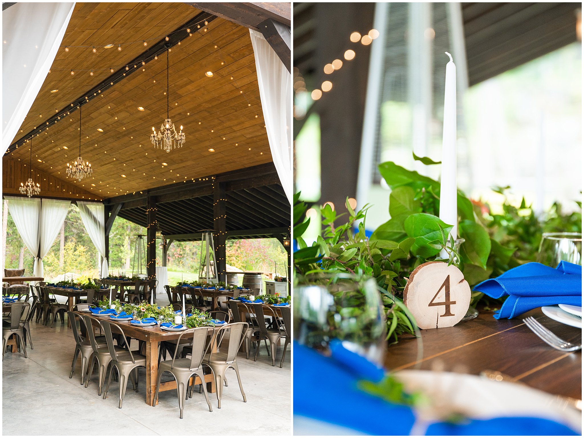 Reception and dinner setup and details that are rustic and elegant with a blue color palette under an outdoor pavilion in the Montana forest | Mountainside Weddings Kalispell Montana Destination Wedding | Jessie and Dallin Photography