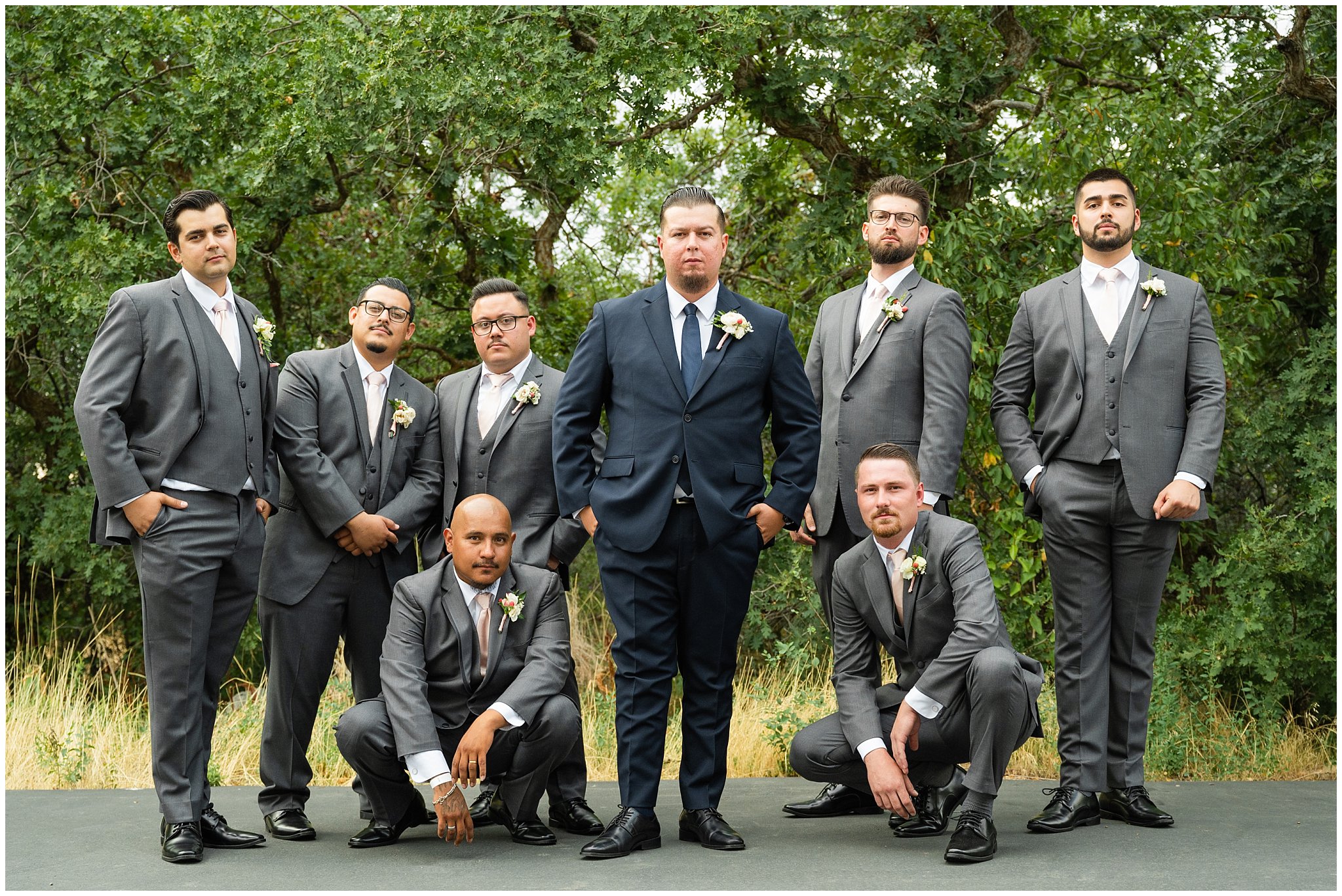 Bride and groom with wedding party in blush dresses and gray suits | Rustic Mountain Destination Wedding at Oak Hills Utah | Jessie and Dallin Photography