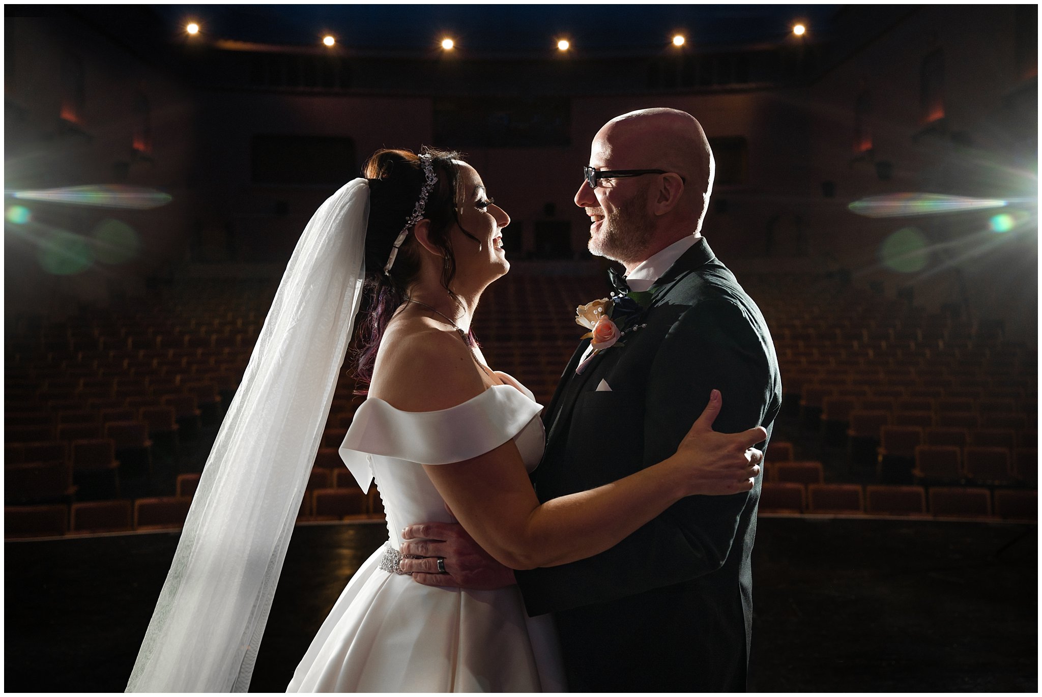 Bride and groom portrait in a theater | Broadway Musical Theatre Wedding