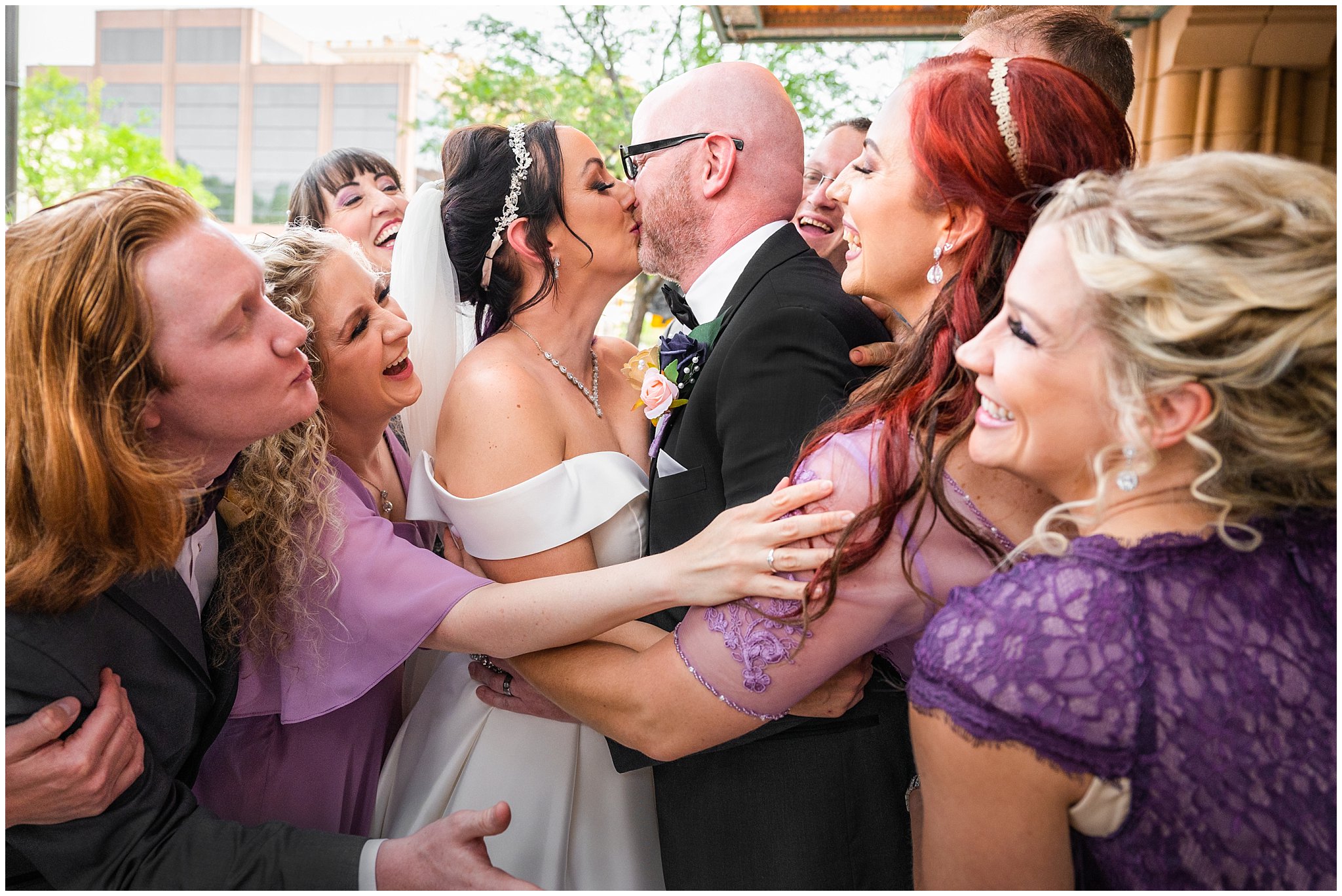 Wedding party portraits outside theater | Broadway Musical Theatre Wedding