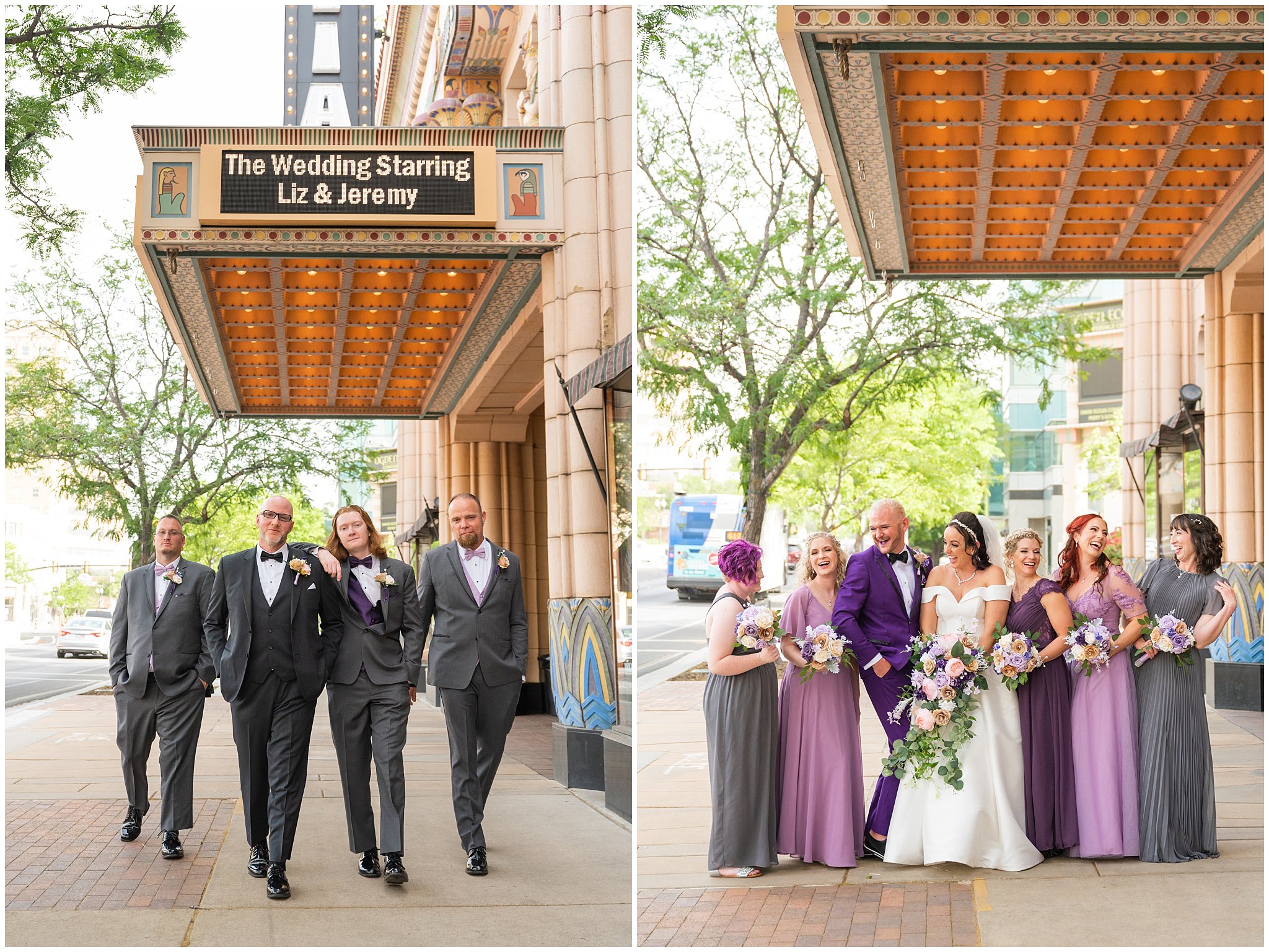 Wedding party portraits outside theater | Broadway Musical Theatre Wedding