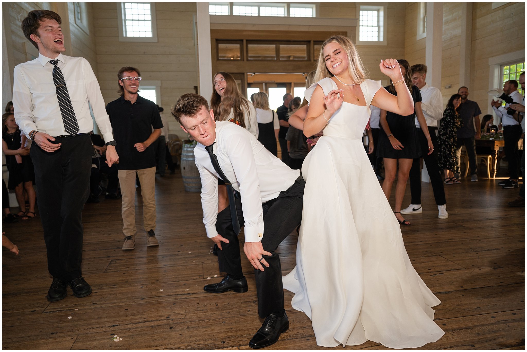 Wedding reception and dancing inside the barn at Walker Farms