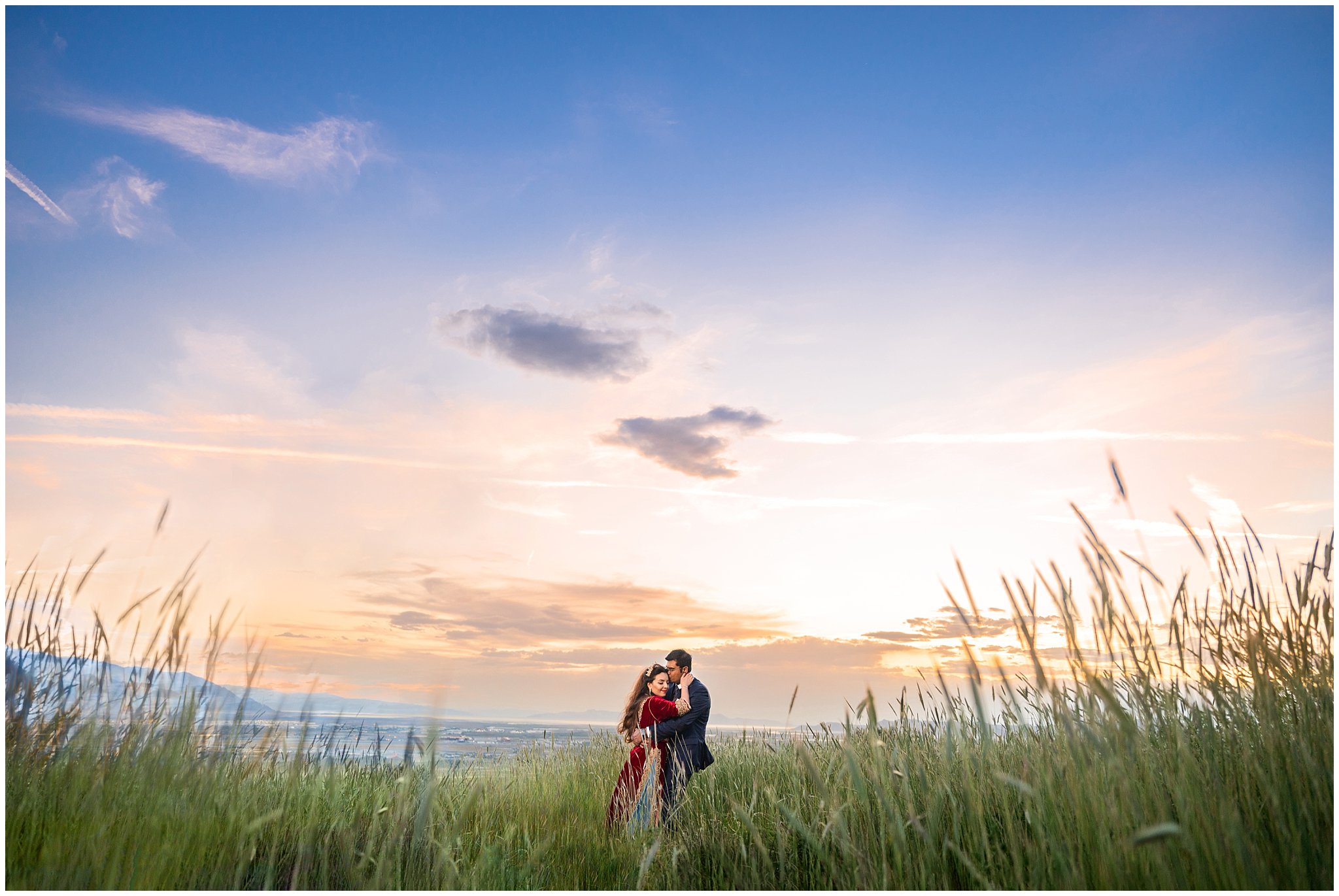 Couple in the mountains at sunset in Utah | Moroccan-inspired Utah State Capitol sunset wedding formal session