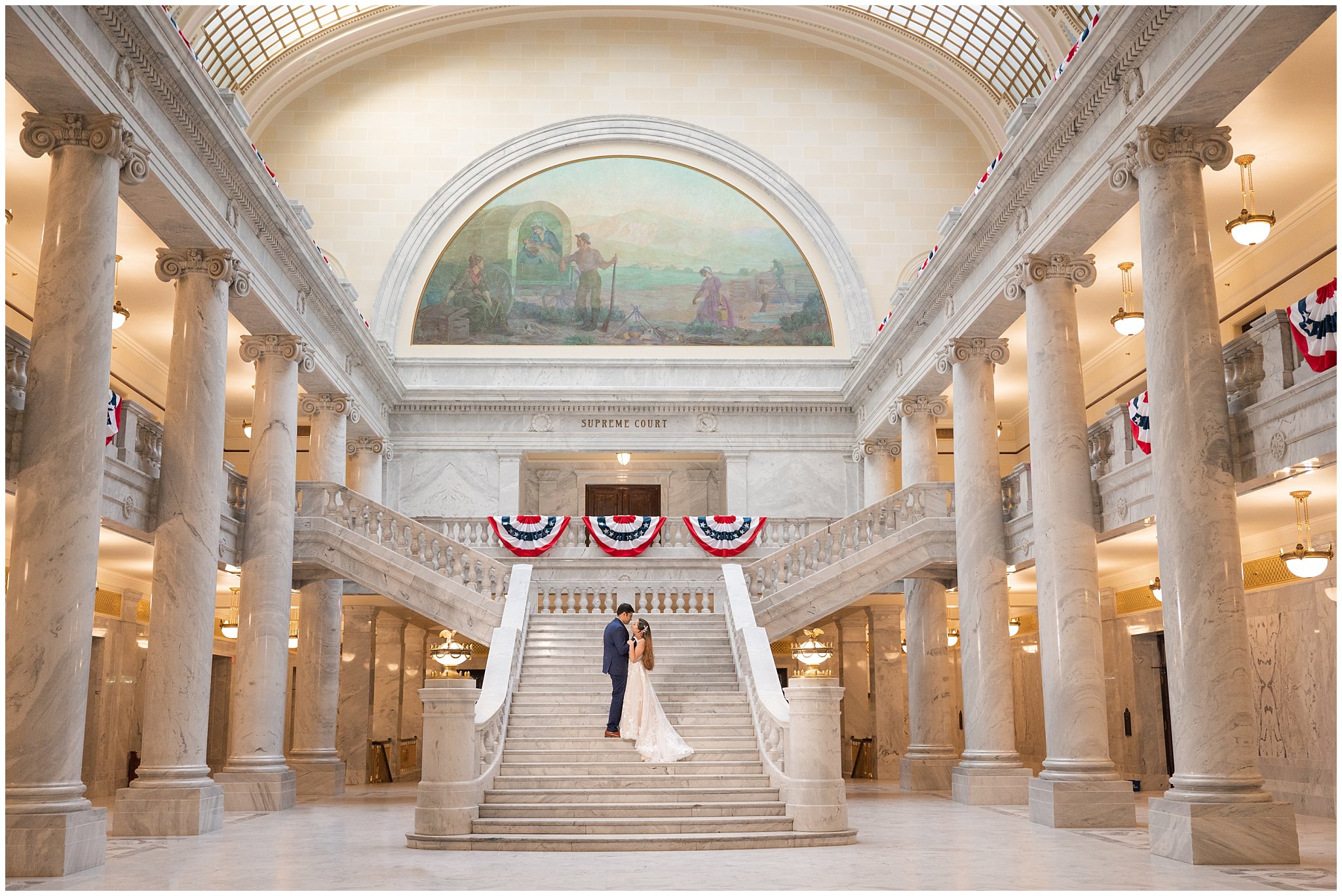 Couple inside the Utah State Capitol in the summer | Moroccan-inspired Utah State Capitol sunset wedding formal session
