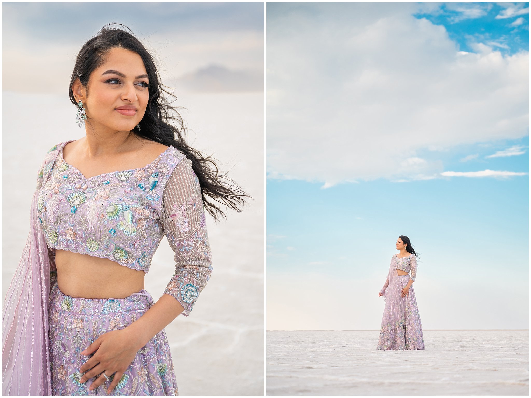 Bride in pink mermaid lehenga during their Indian wedding session at the Bonneville Salt Flats