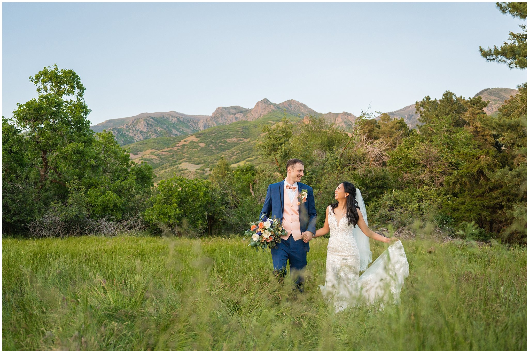 Bride and groom couple's portraits in front of mountains | Oak Hills Utah Destination Wedding | Jessie and Dallin Photography