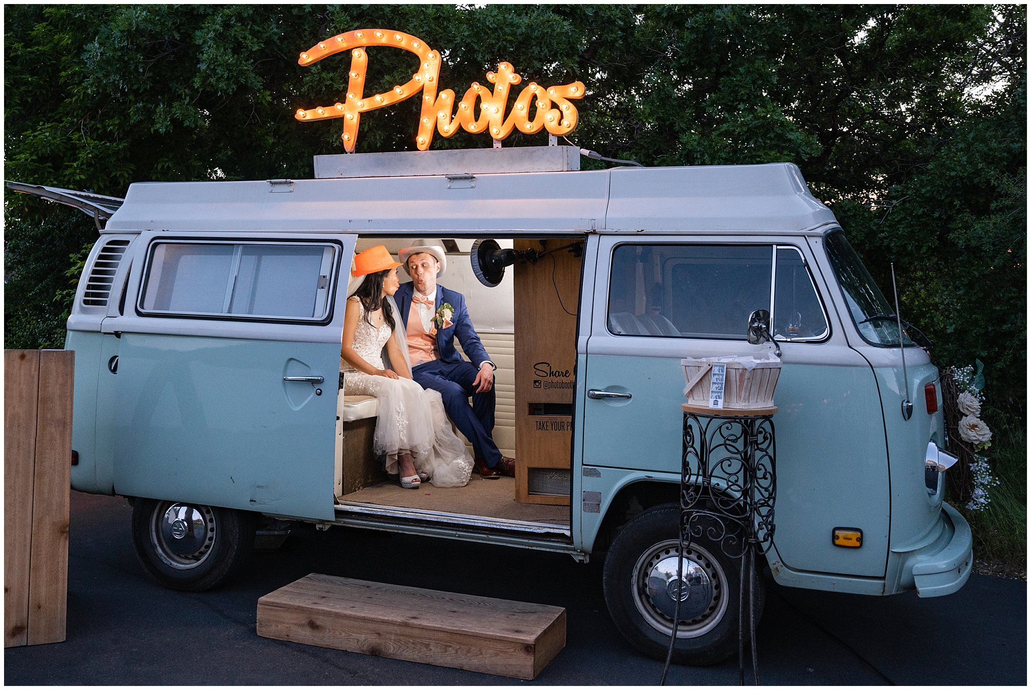 Bride and groom with photo bus | Oak Hills Utah Destination Wedding | Jessie and Dallin Photography