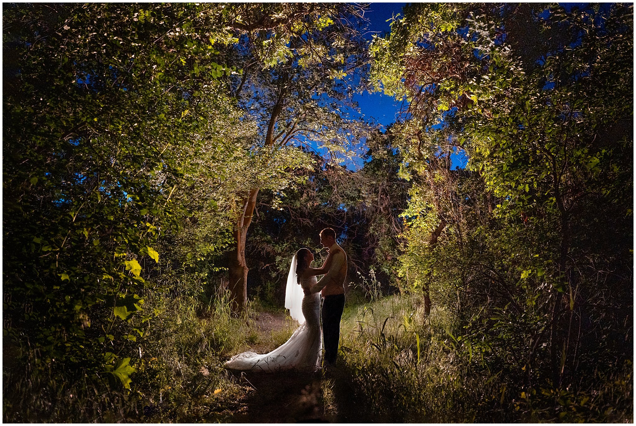 Bride and groom in the woods for after dark photo | Oak Hills Utah Destination Wedding | Jessie and Dallin Photography