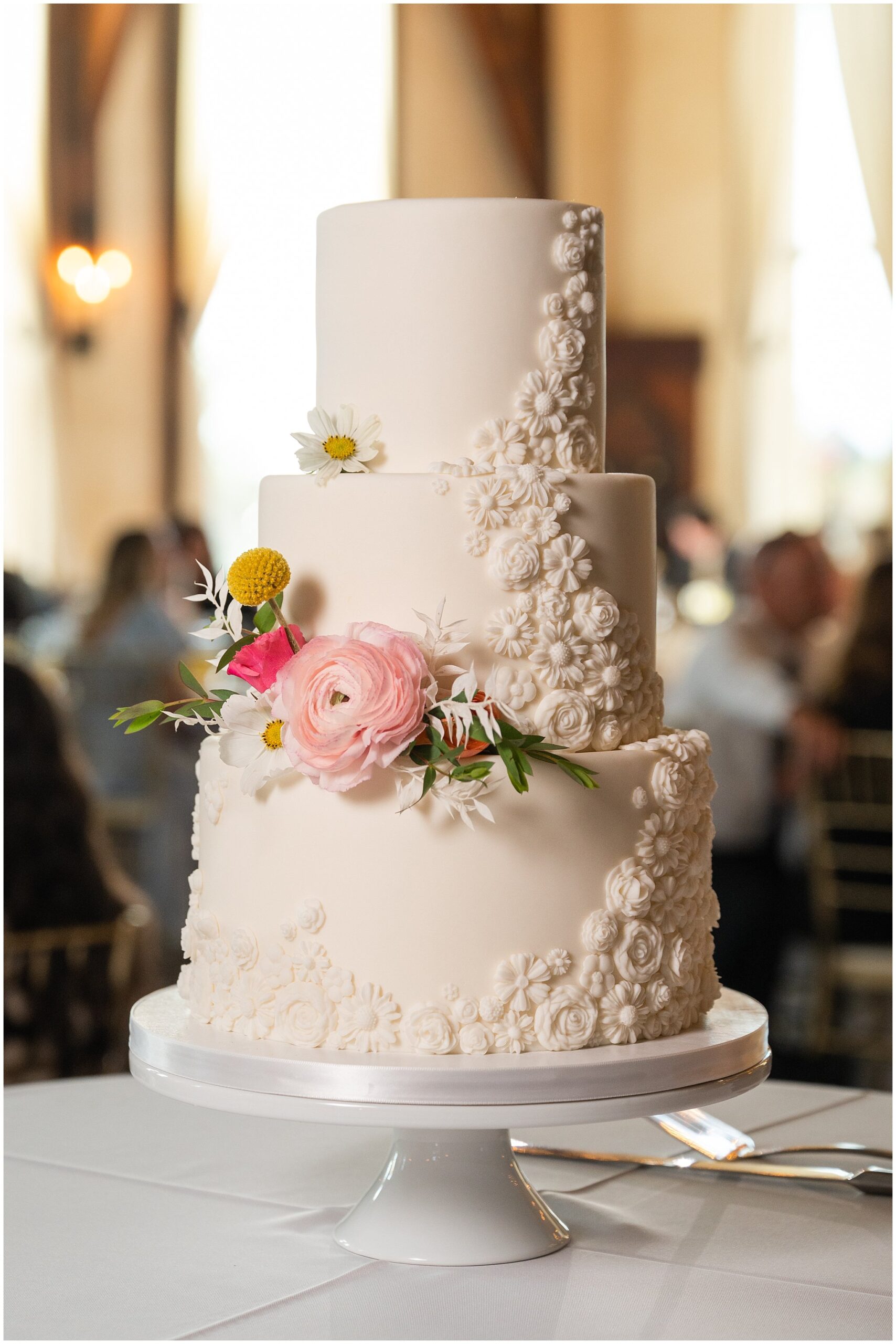 All white floral wedding cake | Draper Temple and Wadley Farms Summer Castle Wedding | Jessie and Dallin Photography