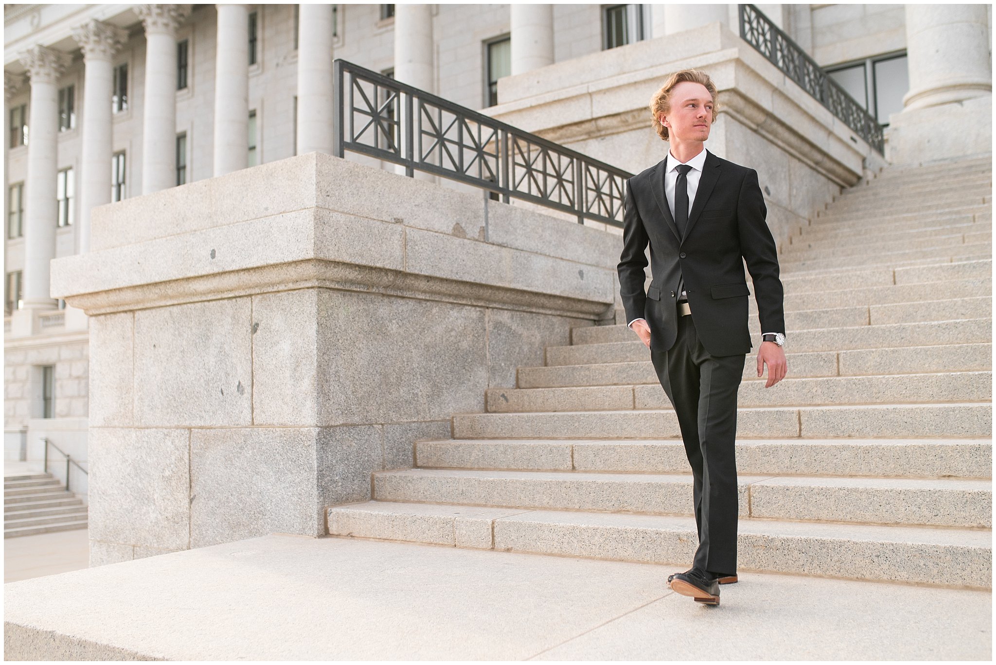 Groom portraits in black suit outside of the Capitol Building | Utah State Capitol and Tunnel Springs Wedding Formal Session | Jessie and Dallin Photography