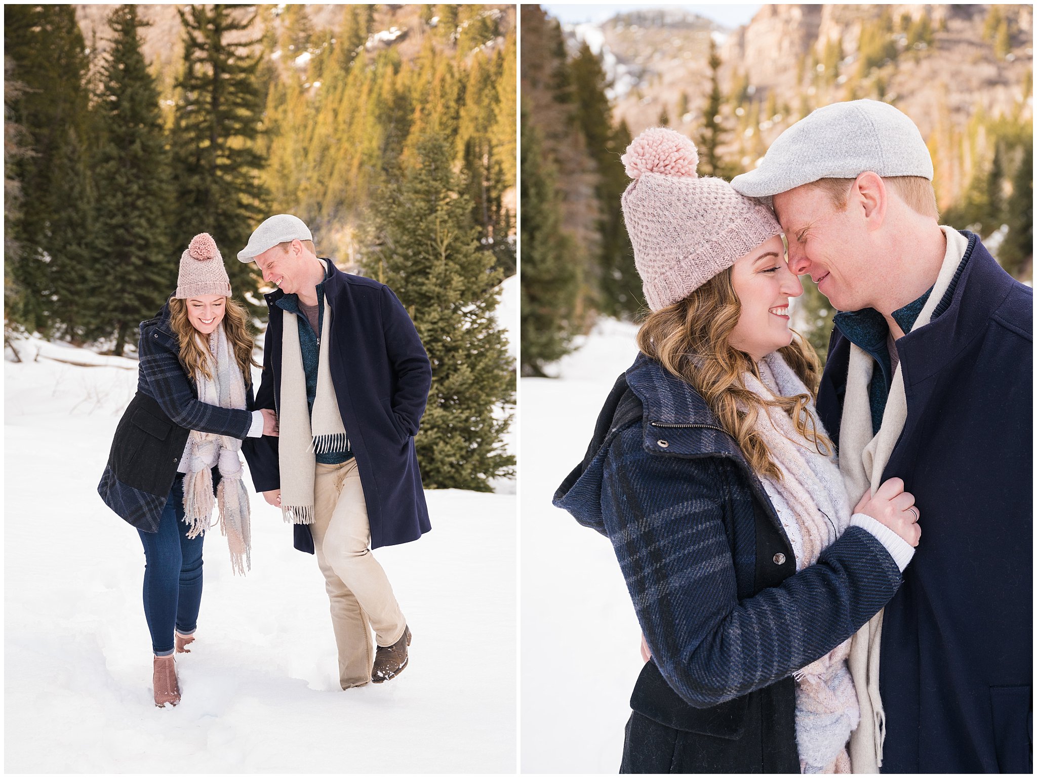 Couple in cute winter outfits sharing candid moments in the Utah mountains in the snow | Big Cottonwood Canyon Winter Engagement Session | Jessie and Dallin Photography