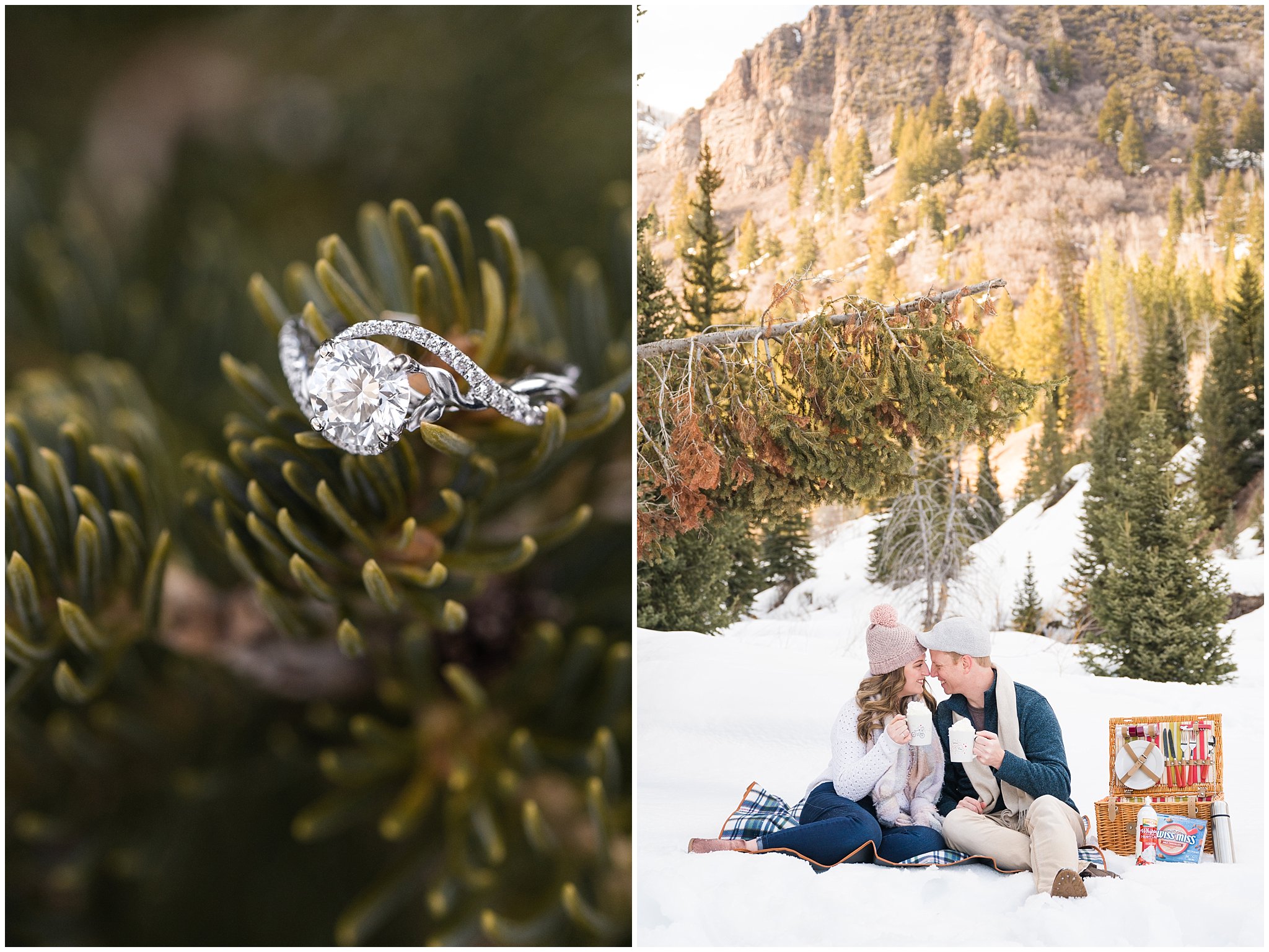 Couple in cute winter outfits having a hot chocolate picnic in the Utah mountains in the snow | Big Cottonwood Canyon Winter Engagement Session | Jessie and Dallin Photography