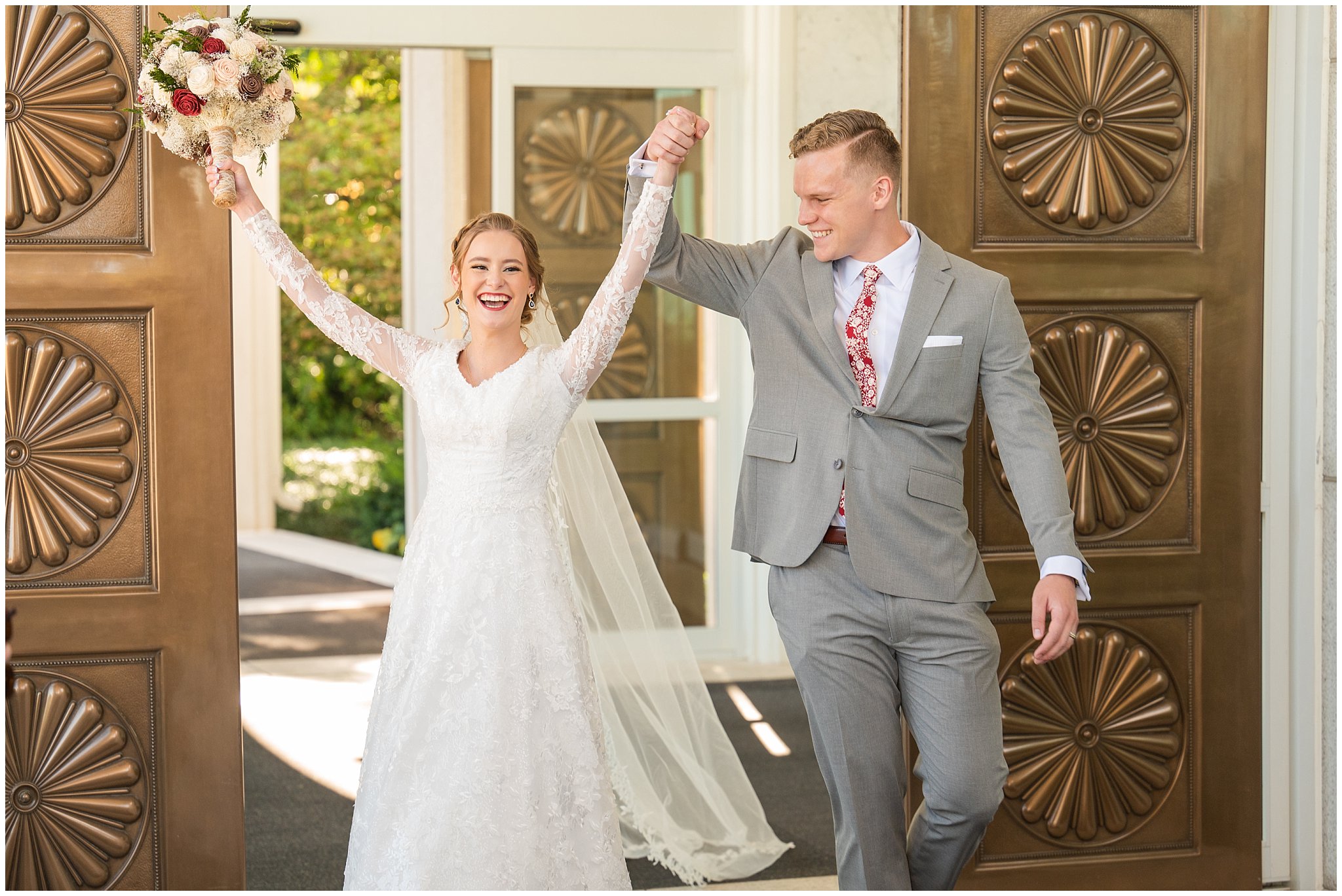 Bride and groom excitedly exciting the temple | Bountiful Temple and Eldredge Manor Wedding | Jessie and Dallin Photography