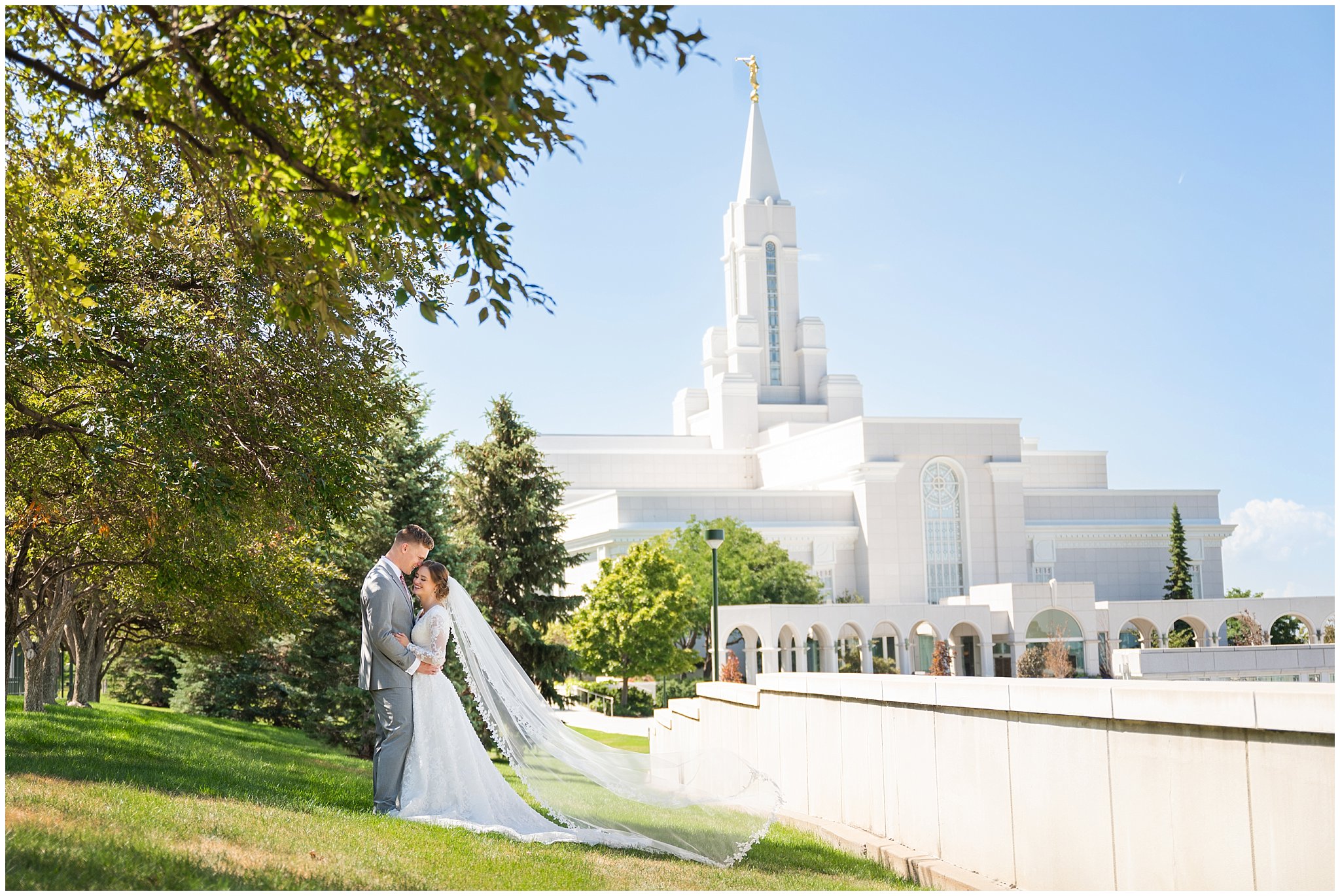 Bride and Groom portraits at their summer wedding at the Bountiful Temple | Bountiful Temple and Eldredge Manor Wedding | Jessie and Dallin Photography