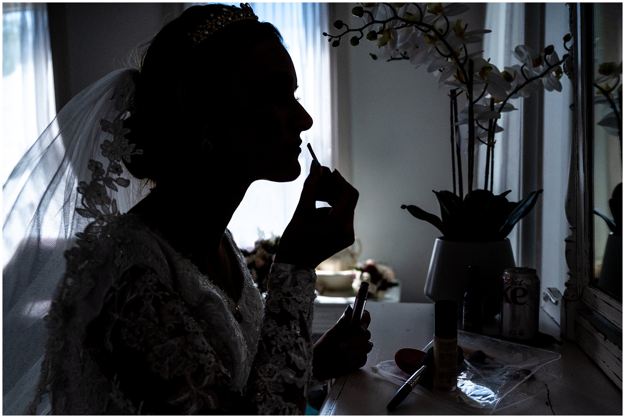 Bride silhouette while getting ready for ceremony at Eldredge Manor | Bountiful Temple and Eldredge Manor Wedding | Jessie and Dallin Photography