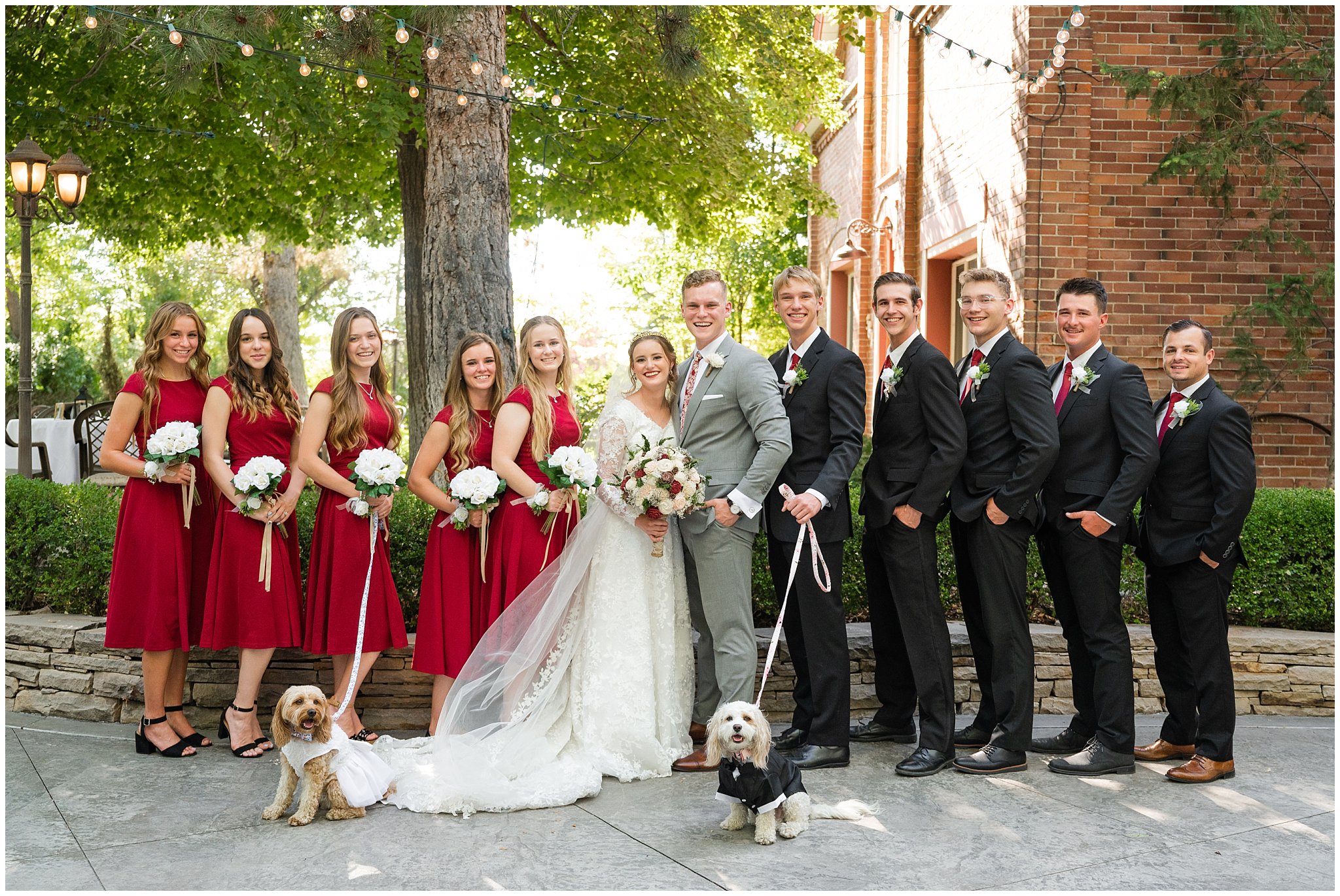 Black and red wedding party portraits outside at Eldredge Manor | Bountiful Temple and Eldredge Manor Wedding | Jessie and Dallin Photography