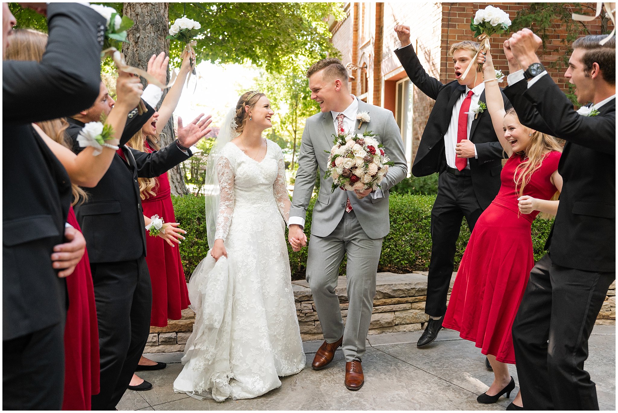 Black and red wedding party portraits outside at Eldredge Manor | Bountiful Temple and Eldredge Manor Wedding | Jessie and Dallin Photography