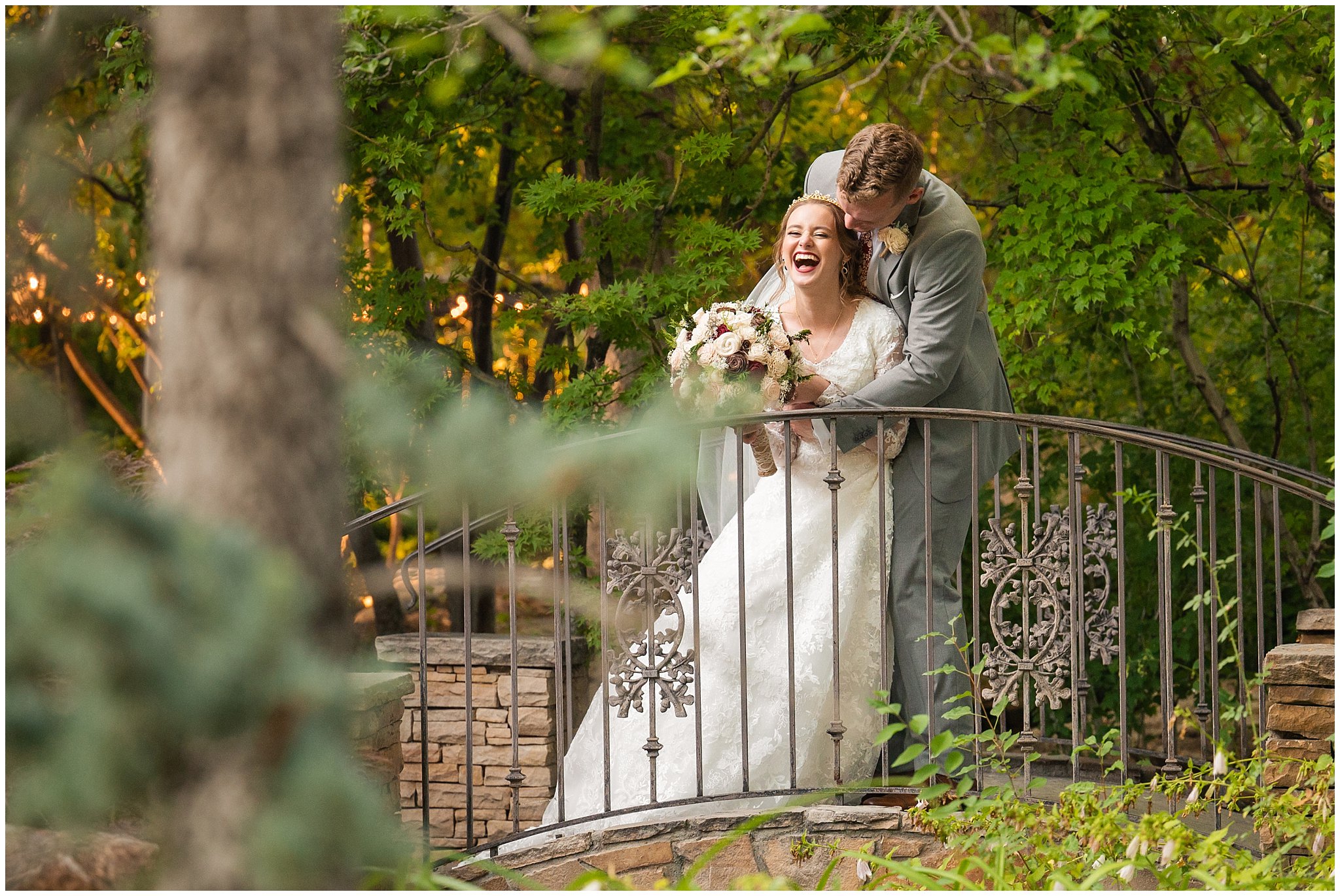 Bride and groom surrounded by the green trees and stream at Eldredge Manor | Bountiful Temple and Eldredge Manor Wedding | Jessie and Dallin Photography