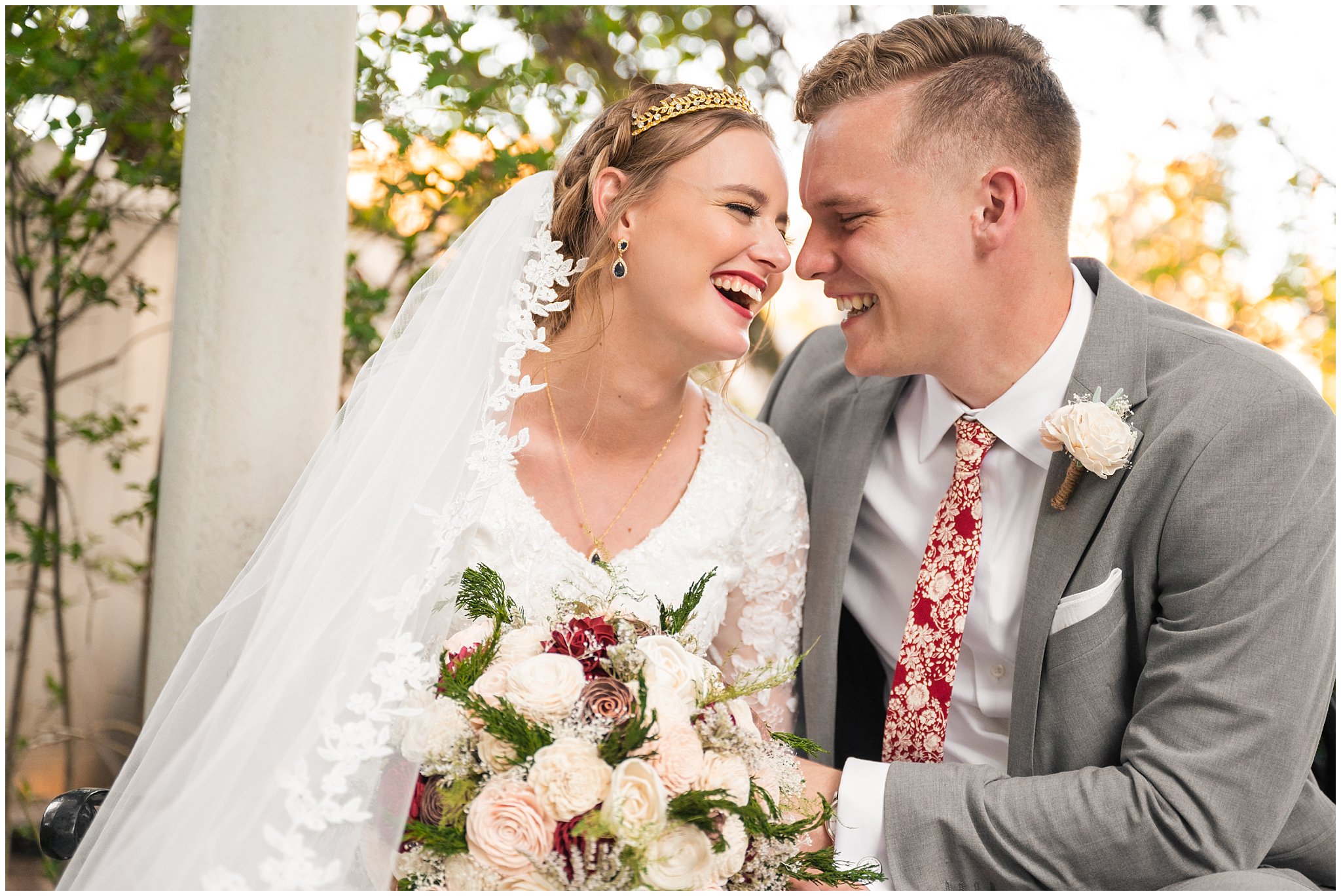 Bride and groom surrounded by the green trees and stream at Eldredge Manor | Bountiful Temple and Eldredge Manor Wedding | Jessie and Dallin Photography