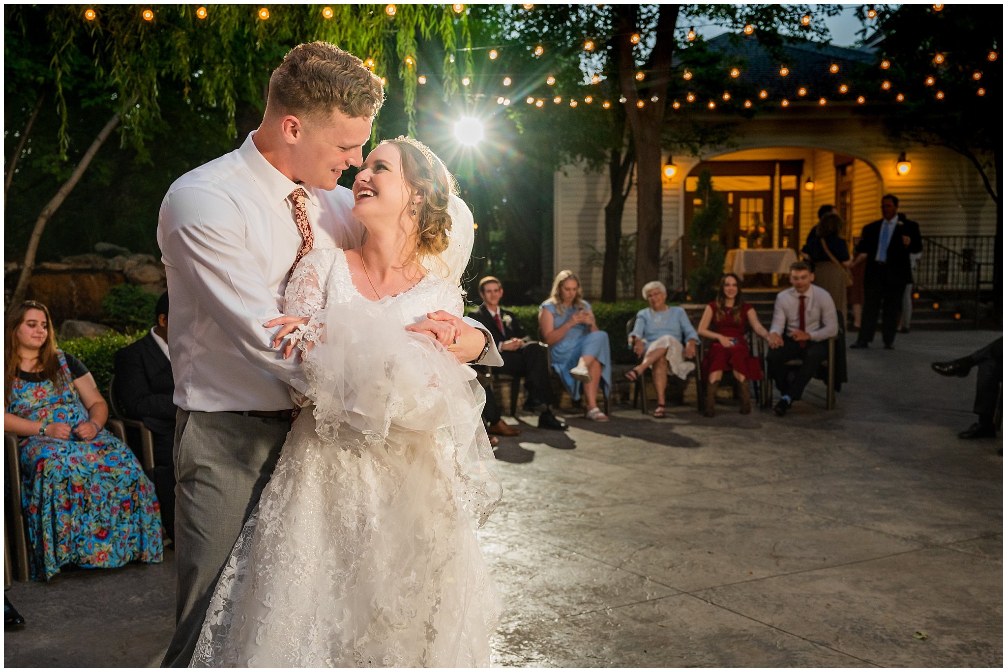Wedding reception dances outside at Eldredge Manor | Bountiful Temple and Eldredge Manor Wedding | Jessie and Dallin Photography