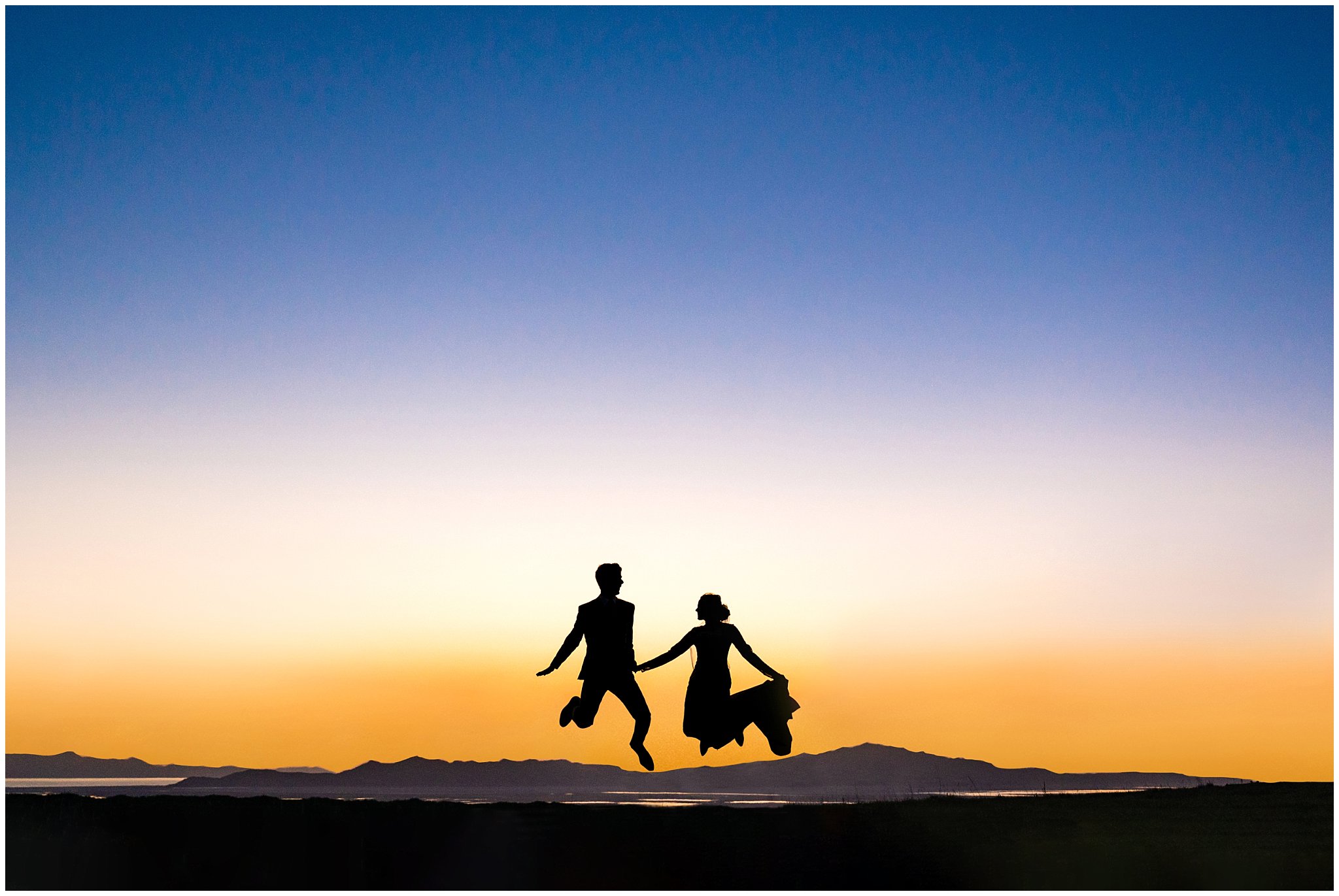 Bride and groom jumping silhouette at sunset over Salt Lake City | Bountiful Temple and Tunnel Springs Formal Session | Jessie and Dallin Photography