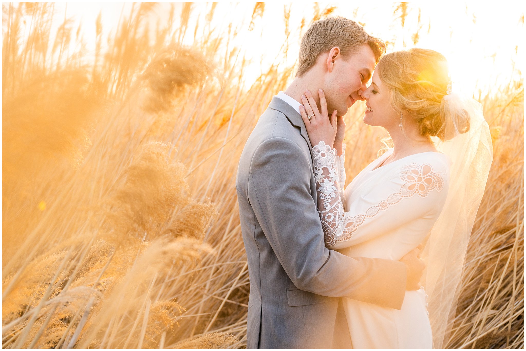 Bride and groom sharing moments at golden hour surrounded by beautiful light | Bountiful Temple and Tunnel Springs Formal Session | Jessie and Dallin Photography