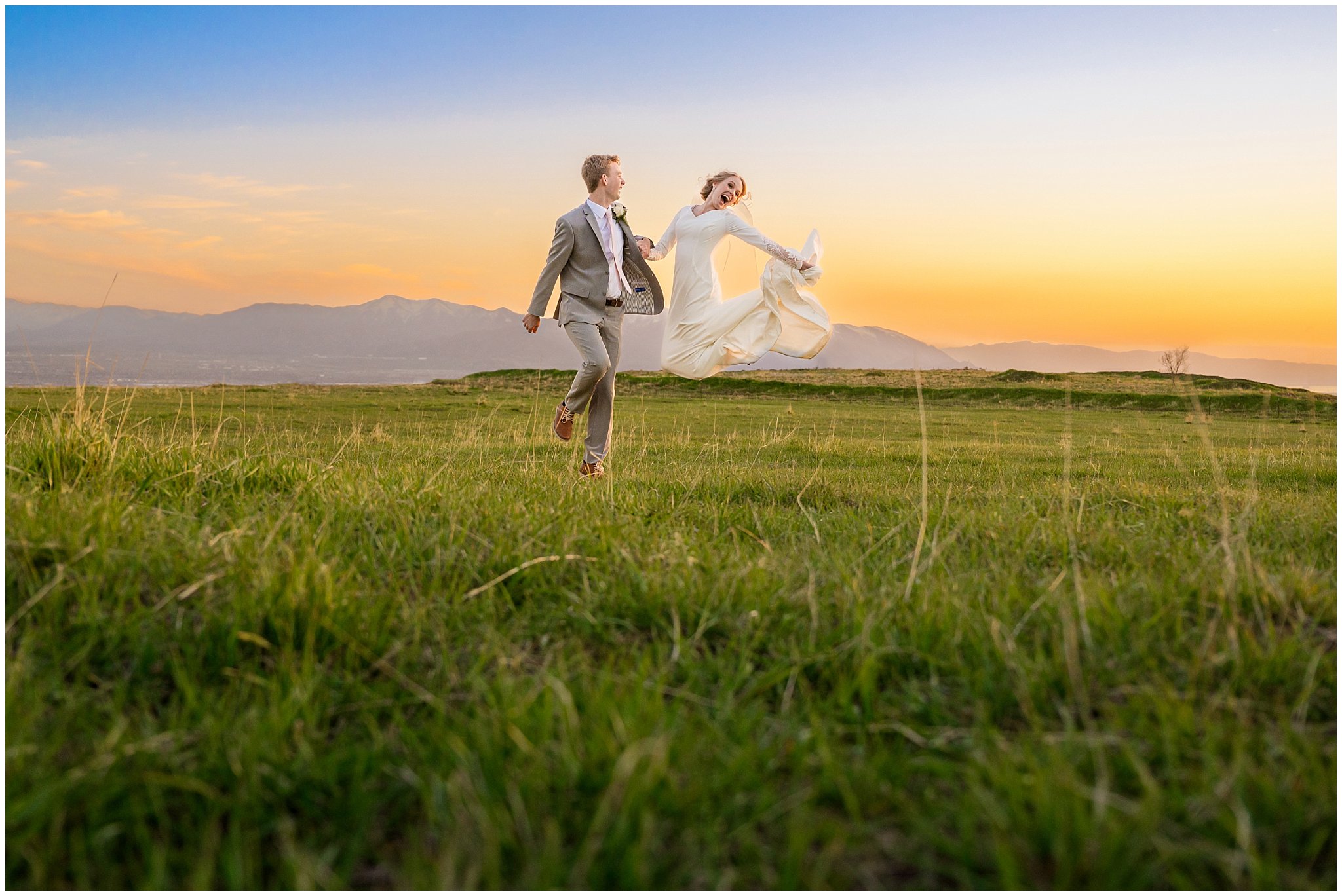 Bride and groom jumping and having fun on the top of a mountain at sunset | Bountiful Temple and Tunnel Springs Formal Session | Jessie and Dallin Photography