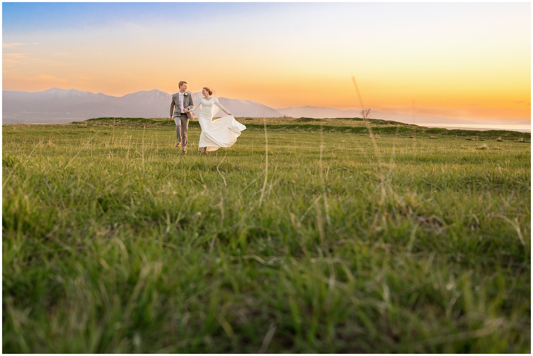 Bride and groom on the top of a mountain at sunset | Bountiful Temple and Tunnel Springs Formal Session | Jessie and Dallin Photography