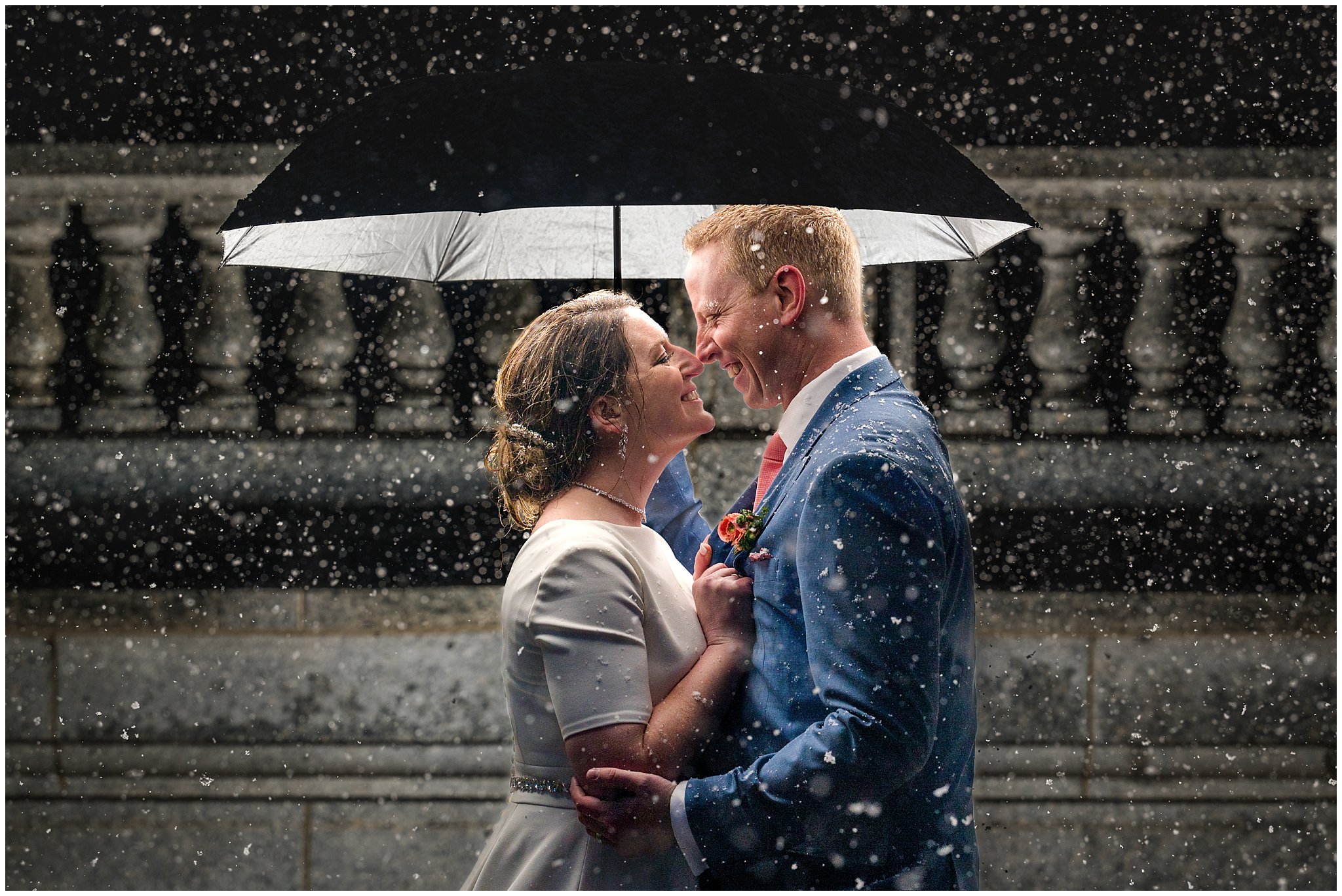 Couple after dark in the rain at the Utah State Capitol | Thanksgiving Point Rainy Spring Formal Session | Jessie and Dallin Photography