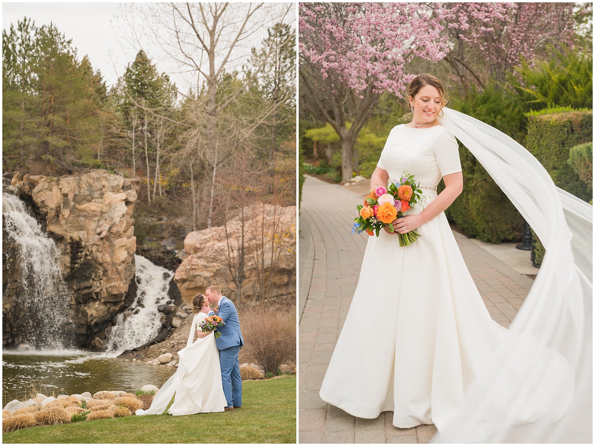 Bride and groom portraits with the waterfall in the gardens at Thanksgiving Point | Thanksgiving Point Rainy Spring Formal Session | Jessie and Dallin Photography