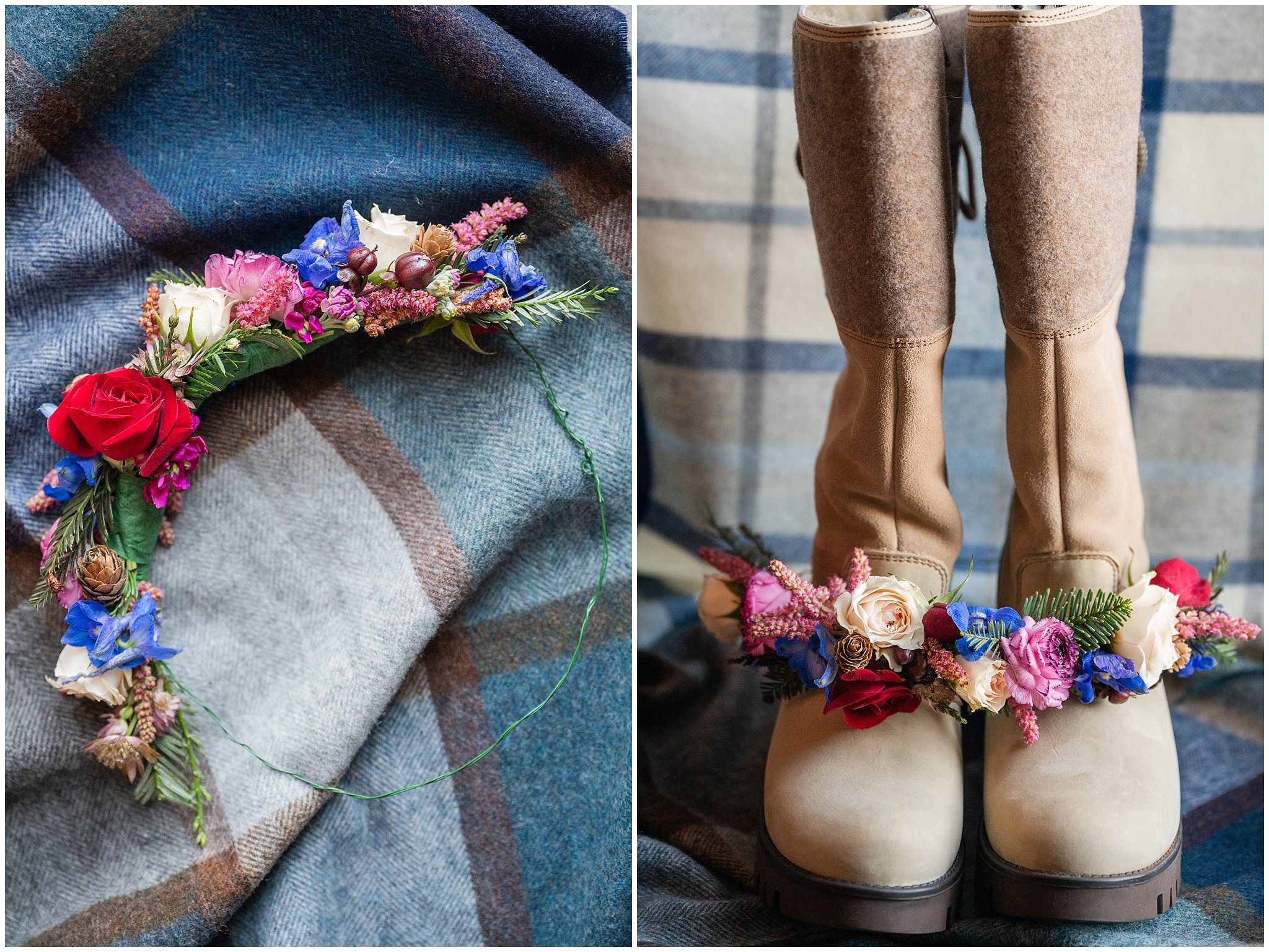 Bridal flower crown and snow boots on scarves | Snowbasin Resort Winter Wedding | Jessie and Dallin Photography