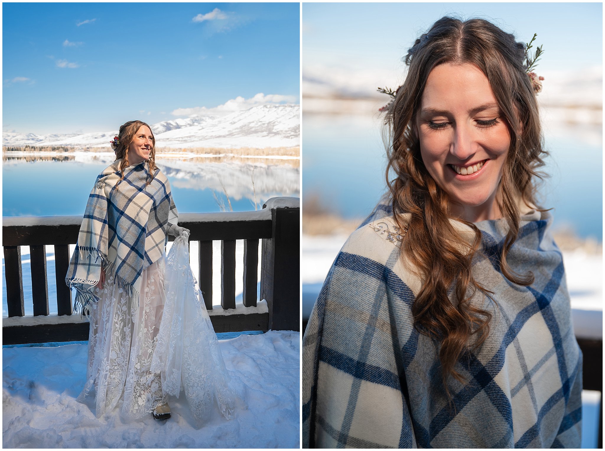 Bridal portraits on the deck of a lodge overlooking PIneview Reservoir | Snowbasin Resort Winter Wedding | Jessie and Dallin Photography