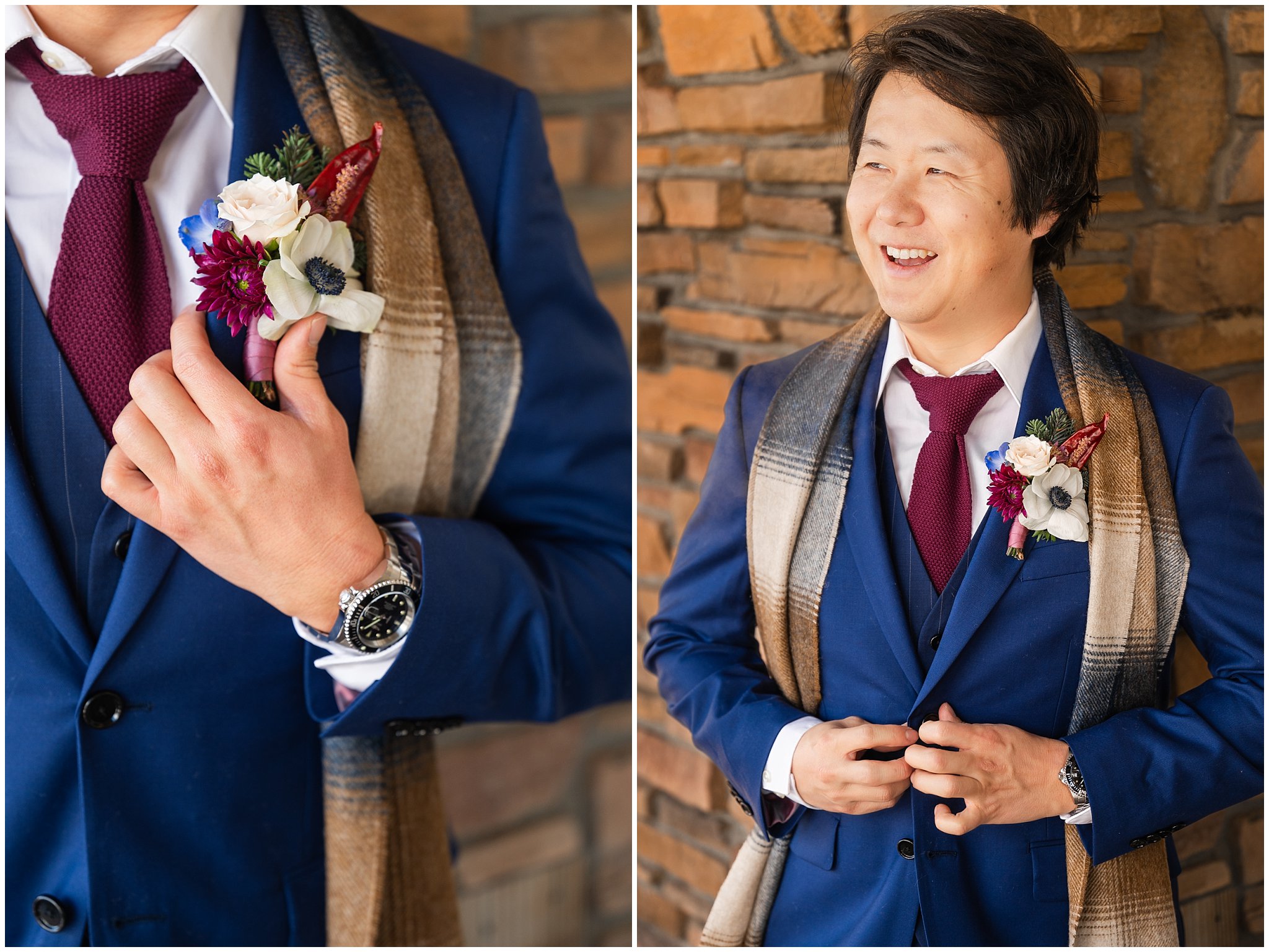 Groom portraits in blue suit with scarf | Snowbasin Resort Winter Wedding | Jessie and Dallin Photography