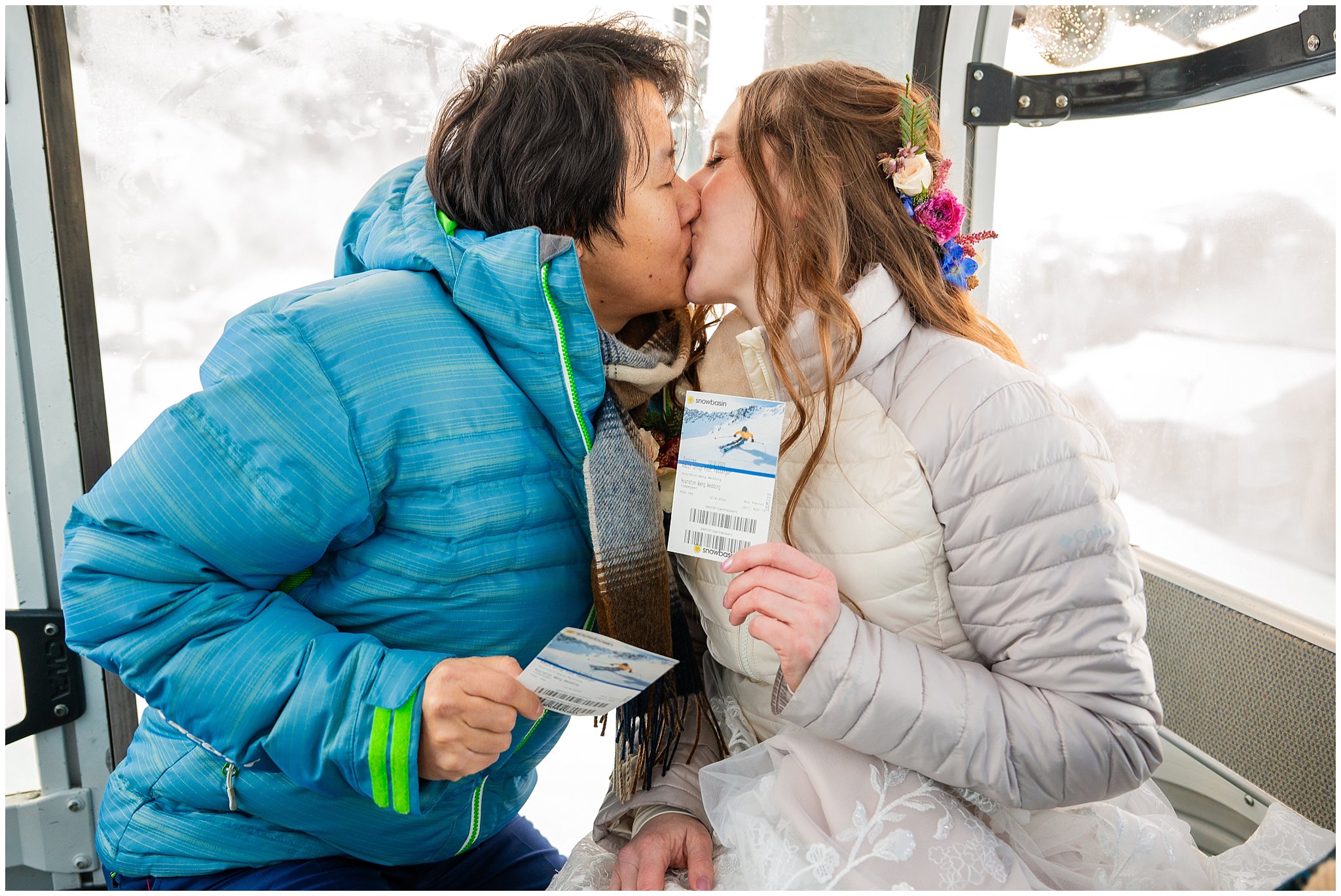 Bride and groom show off lift ticket on gondola | Snowbasin Resort Winter Wedding | Jessie and Dallin Photography