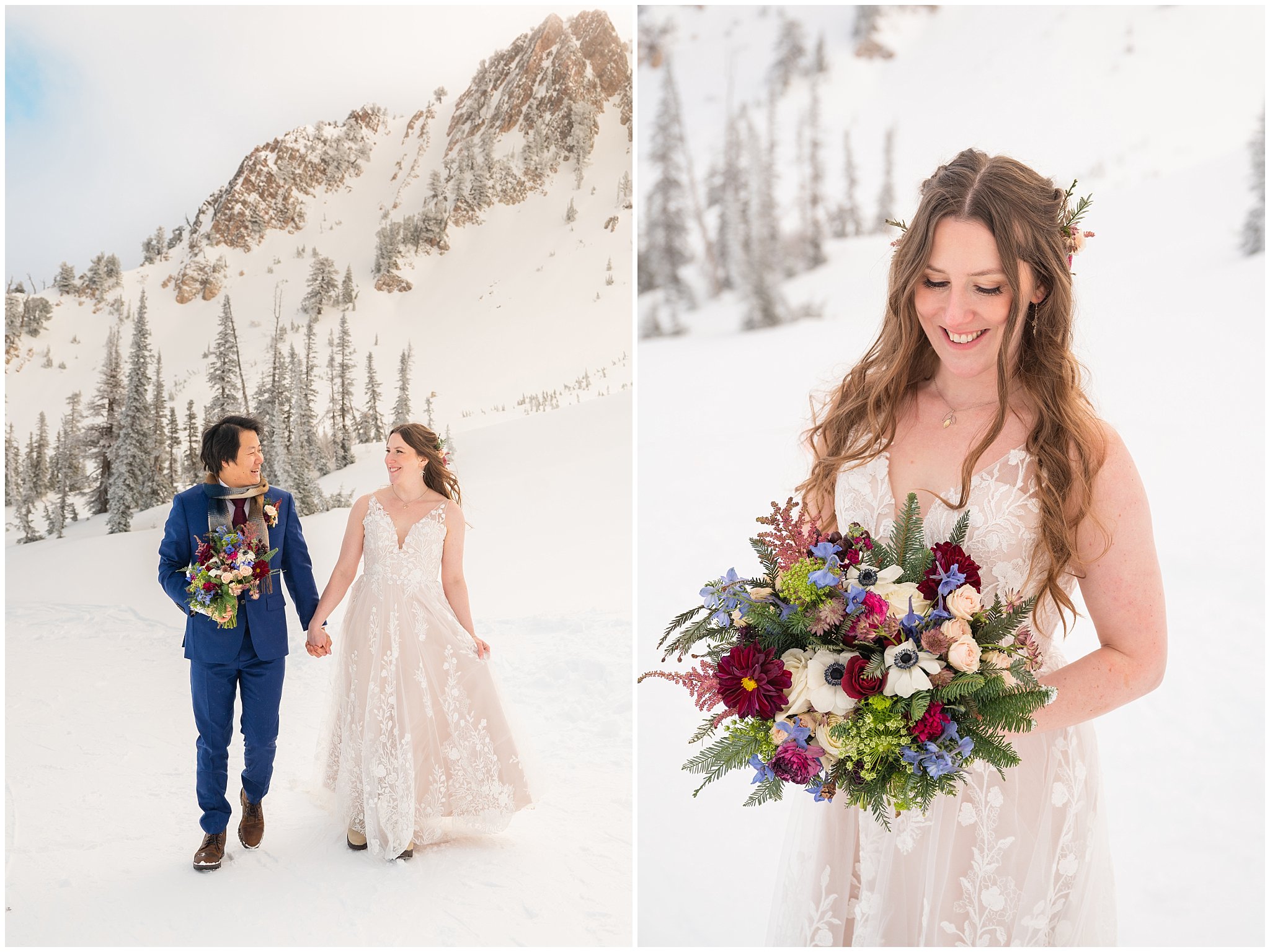 Bride and groom portraits in the snow at the top of Snowbasin | Snowbasin Resort Winter Wedding | Jessie and Dallin Photography