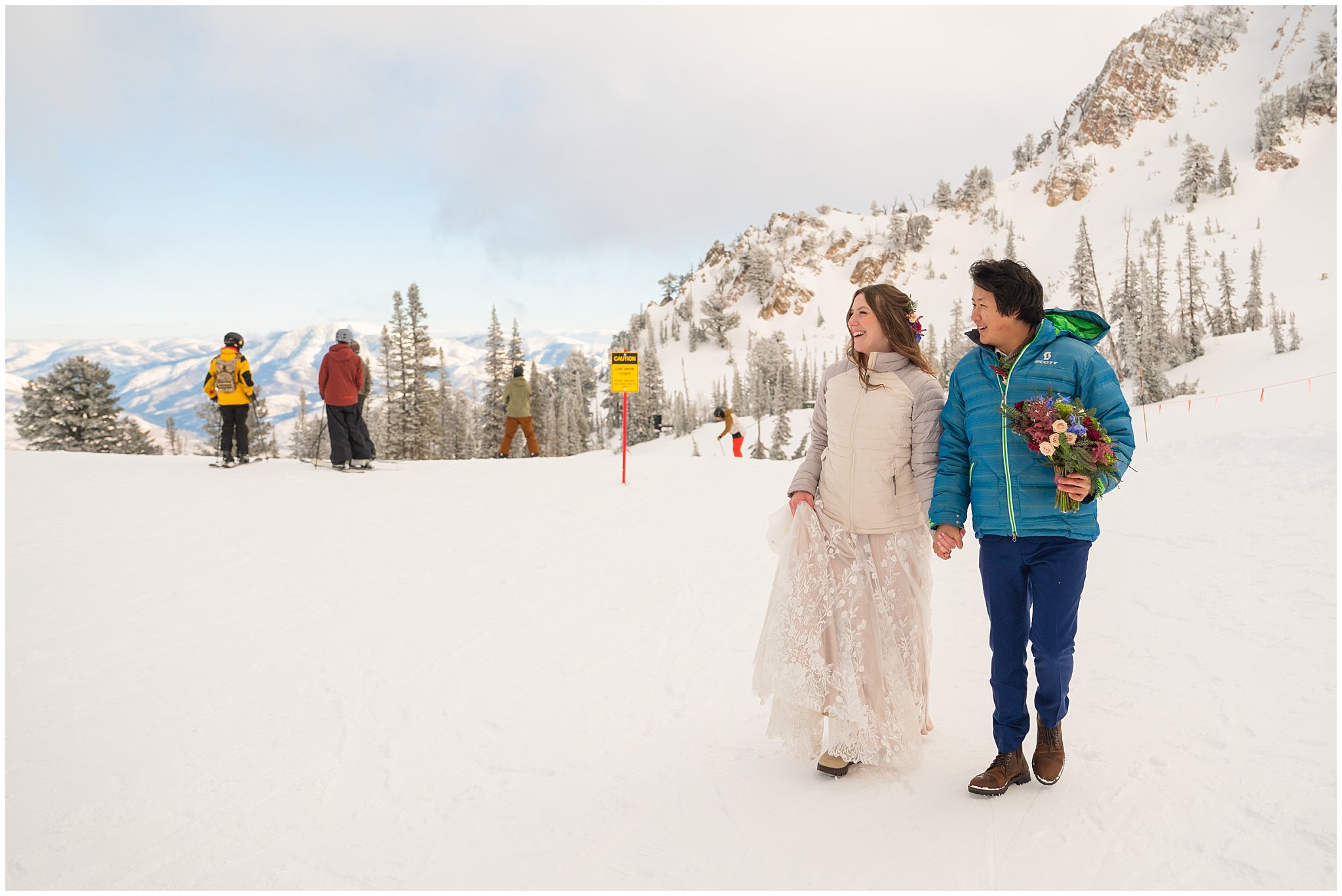 Bride and groom portraits in the snow at the top of Snowbasin | Snowbasin Resort Winter Wedding | Jessie and Dallin Photography