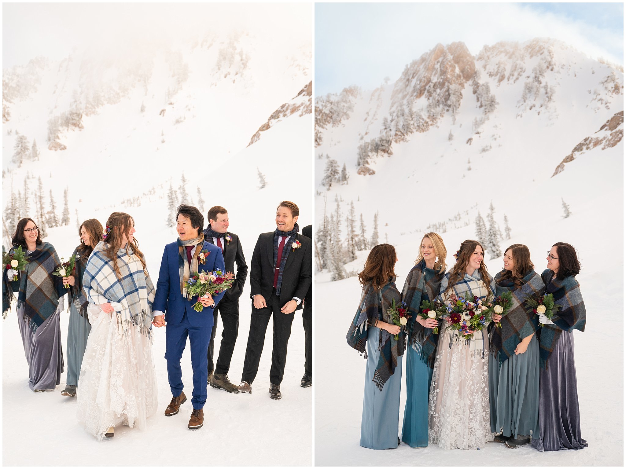 Wedding party portraits in the snow at the top of Snowbasin | Snowbasin Resort Winter Wedding | Jessie and Dallin Photography