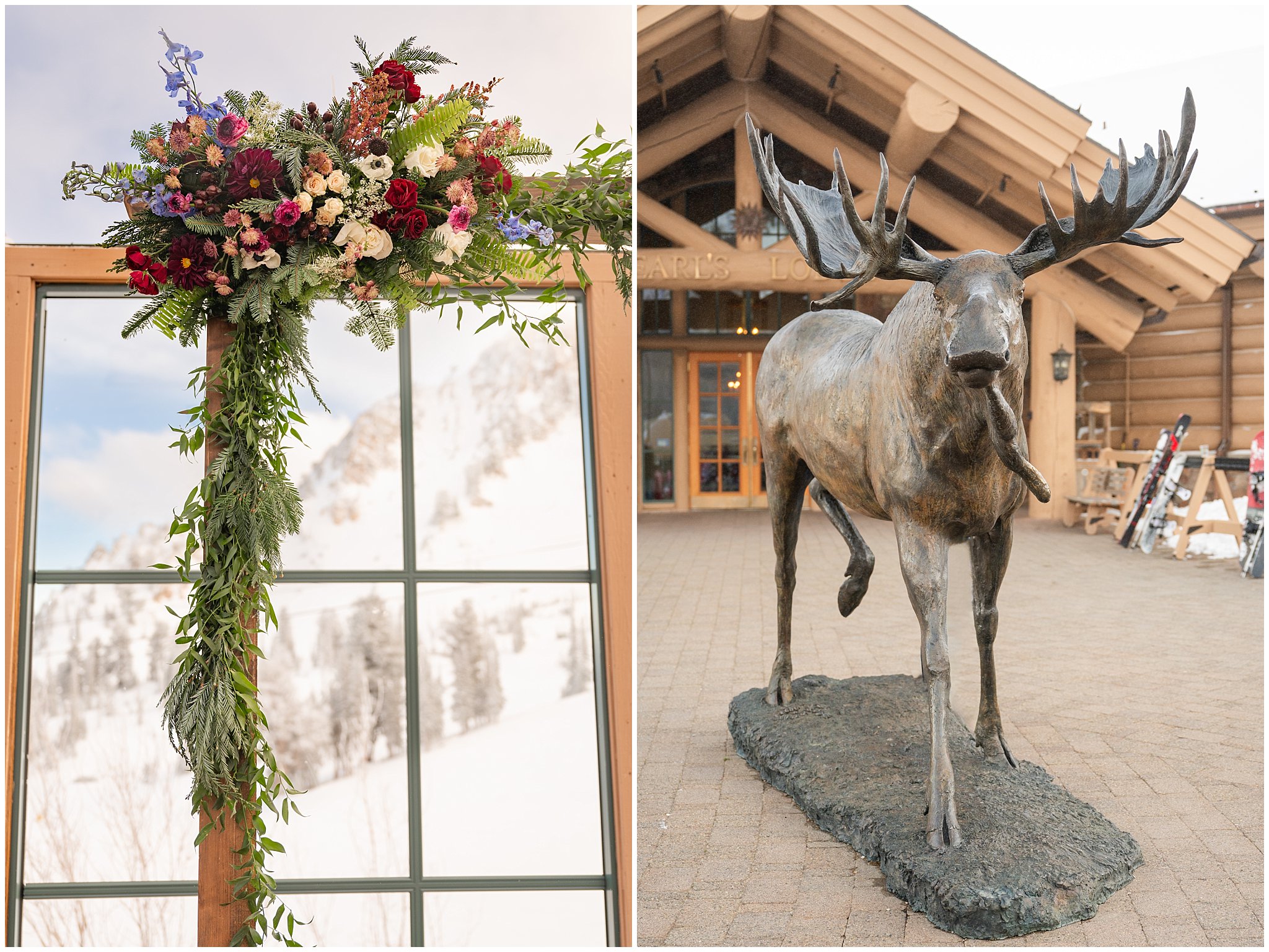 Wedding ceremony florals and details in the snow | Snowbasin Resort Winter Wedding | Jessie and Dallin Photography