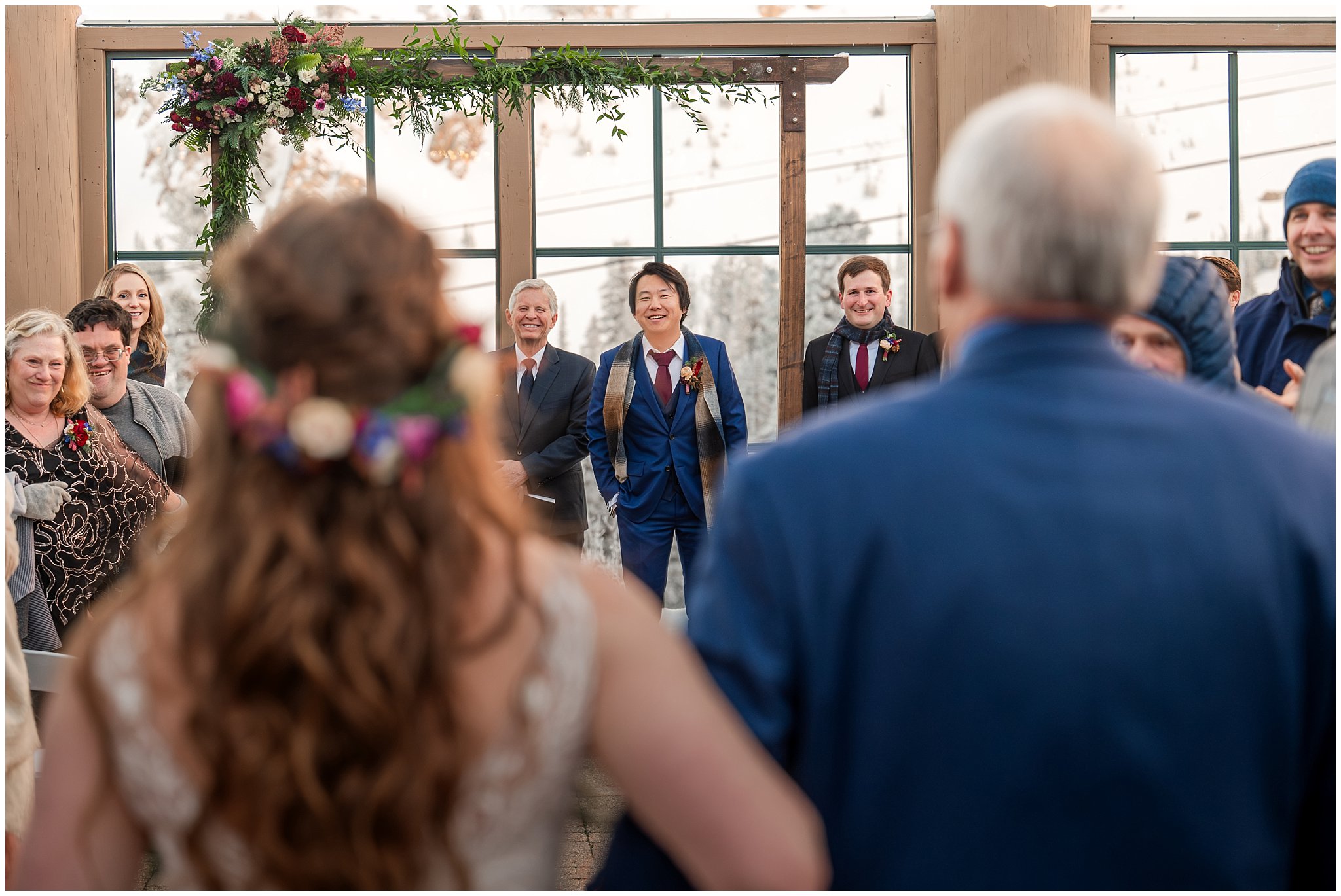 Wedding ceremony at Needles Lodge in the snow | Snowbasin Resort Winter Wedding | Jessie and Dallin Photography