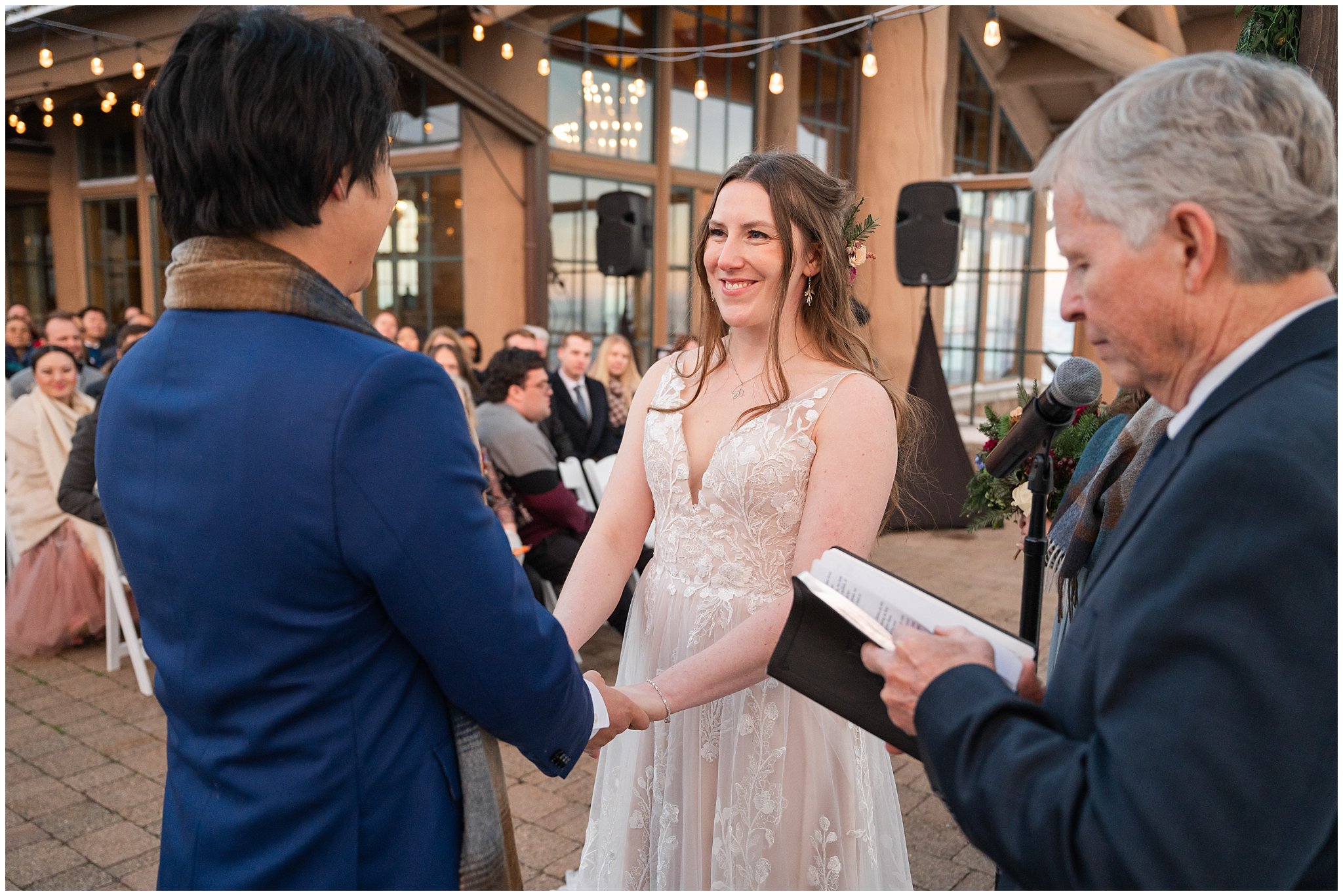 Wedding ceremony at Needles Lodge in the snow | Snowbasin Resort Winter Wedding | Jessie and Dallin Photography