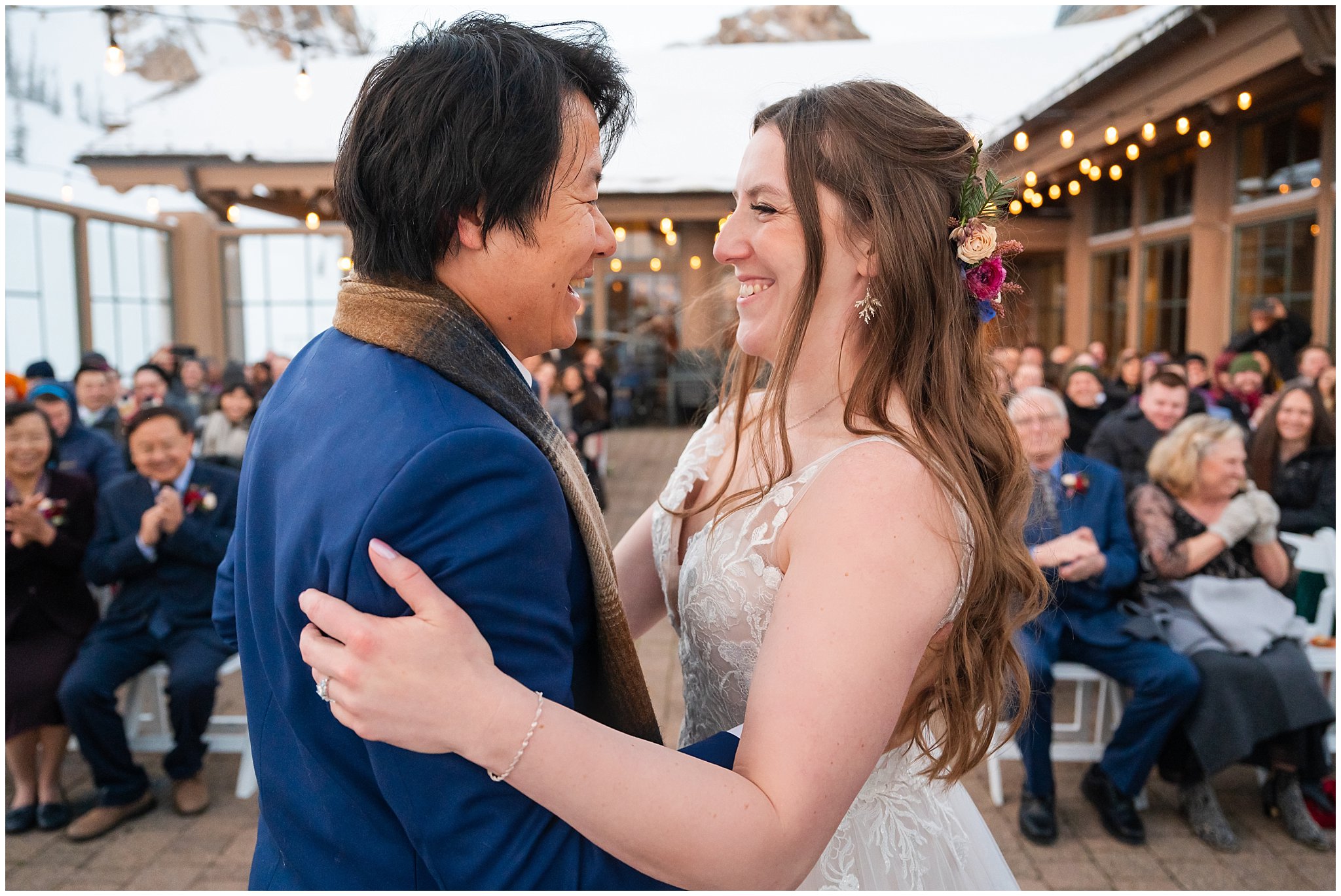 Wedding ceremony at Needles Lodge in the snow | Snowbasin Resort Winter Wedding | Jessie and Dallin Photography