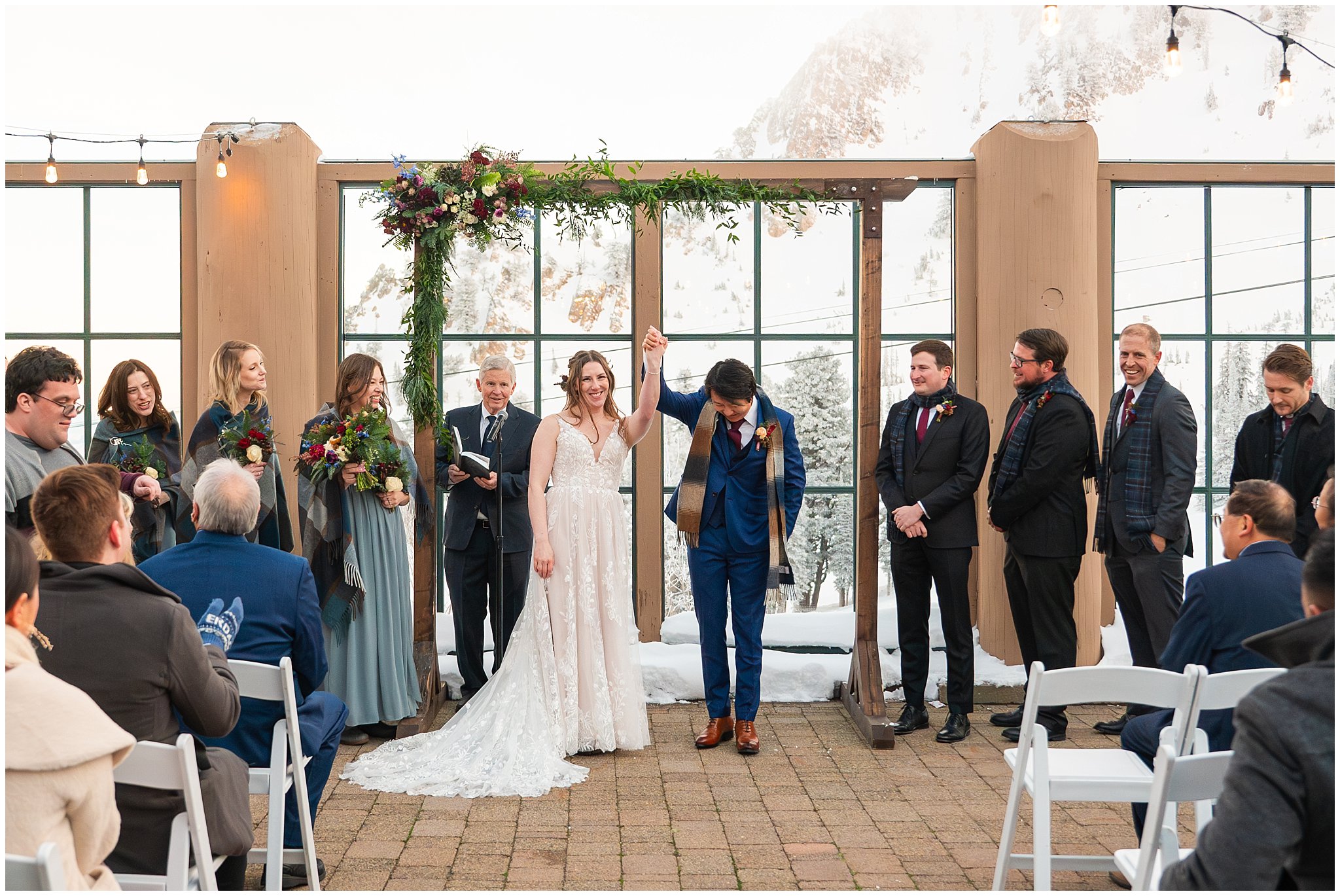 Wedding ceremony at Needles Lodge in the snow | Snowbasin Resort Winter Wedding | Jessie and Dallin Photography