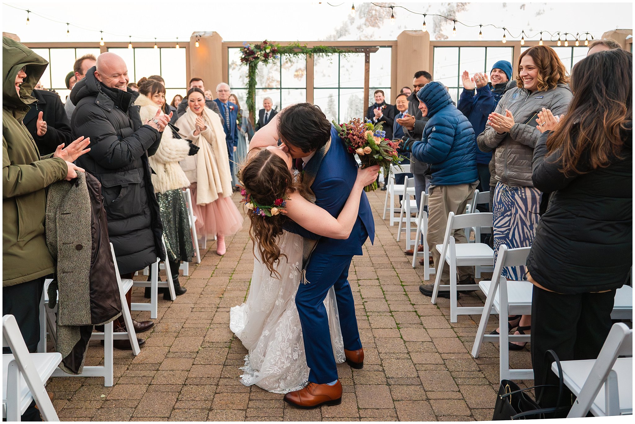 Wedding ceremony at Needles Lodge in the snow | Snowbasin Resort Winter Wedding | Jessie and Dallin Photography