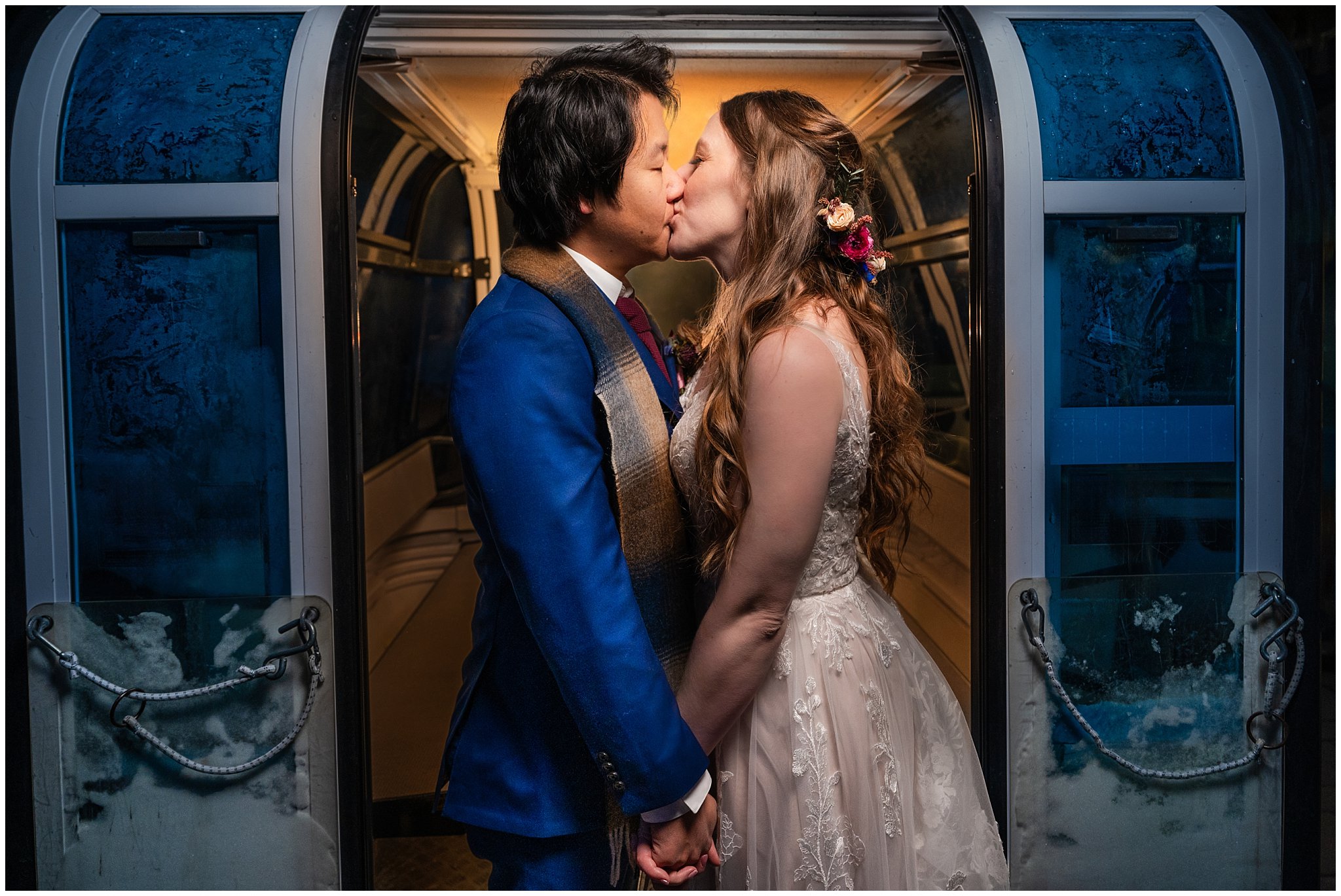 Bride and groom portraits during blue hour at the top of Snowbasin at Needles Lodge in the snow | Snowbasin Resort Winter Wedding | Jessie and Dallin Photography